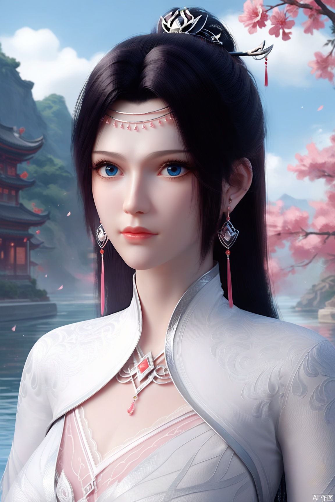 score_9, score_8_up, score_7_up,
1girl, solo, long hair, blue eyes, black hair, hair ornament, looking at viewer,  dress, jewelry, closed mouth, upper body, earrings,earrings, dress, chinese clothes,background,,outdoors, sky, water, 