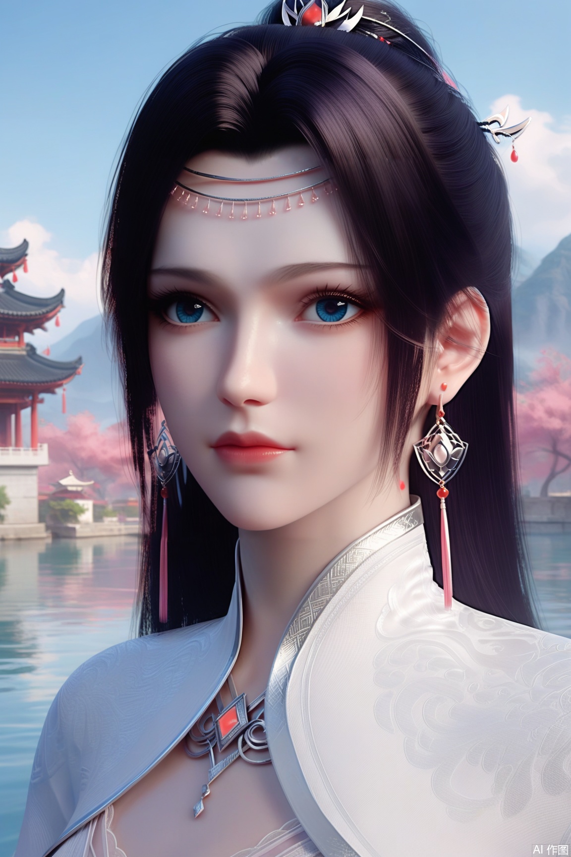 score_9, score_8_up, score_7_up,
1girl, solo, long hair, blue eyes, black hair, hair ornament, looking at viewer,  dress, jewelry, closed mouth, upper body, earrings,earrings, dress, chinese clothes,background,,outdoors, sky, water, 