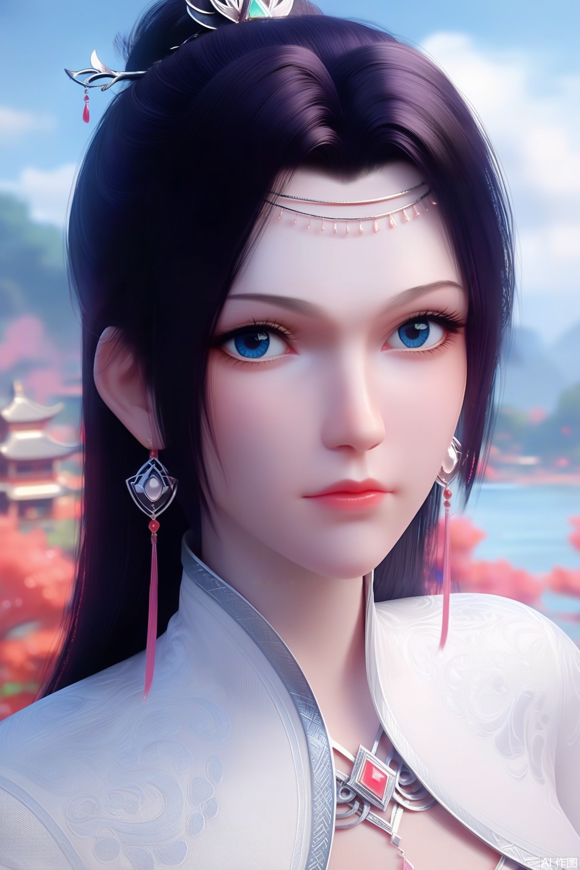 score_9, score_8_up, score_7_up,
1girl, solo, long hair, blue eyes, black hair, hair ornament, looking at viewer,  dress, jewelry, closed mouth, upper body, earrings,earrings, dress, chinese clothes,background,,outdoors, sky, water, 