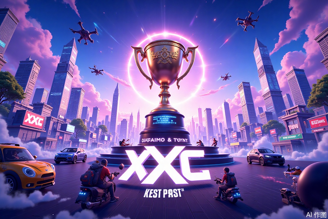 looking up perspective,There is a title of "xxc" below,A poster for a gaming e-sports event,with ahuge trophy in the middle,shining with light,ultra-wide angle,large scene,a panoramicview of a city,