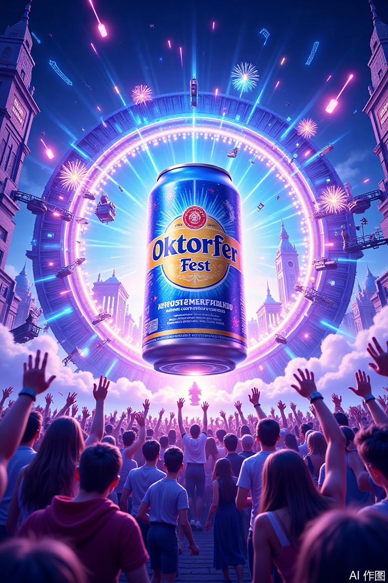 A vibrant Oktoberfest poster,dominated by blue-purple hues,with a giant can in the center surrounded by energetic crowd silhouettes dancing under dazzling stage lights with musical notes and fireworks in the background,ultra-realistic,8k,high-detail,movie-like lighting.A dynamic and lively summer party scene with a close-up of a beer can,colorful neon lights and musical waveforms radiating out in a bold blue-violet color scheme with high contrast and vibrant colors.It's a surreal depiction of a musical Oktoberfest with a huge circular ring stage in the center surrounded by cheering crowds,audience hands that can't block the line of sight and the main frame,medium to long view,dreamy blue and purple color palette,digital painting,very detailed and imaginative.,