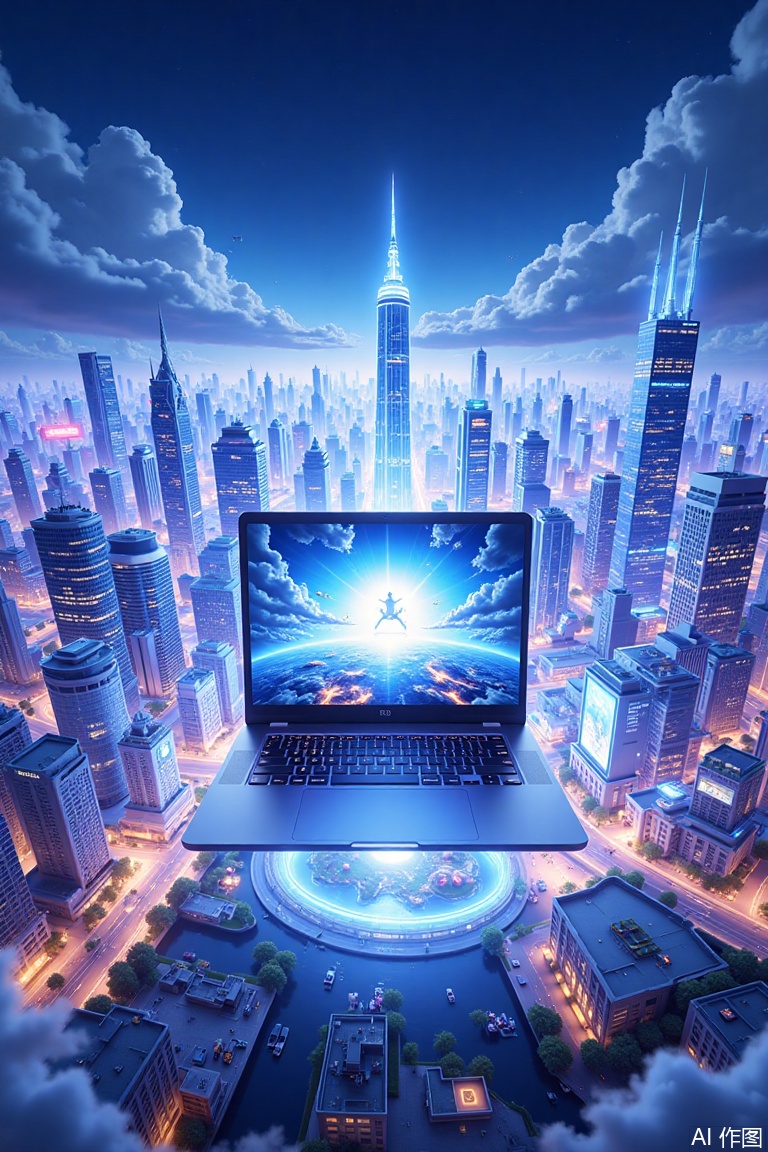 notebook,a huge laptop in the middle,flashing,super wide angle,big scene,panoramic view of a city,blue and white,
