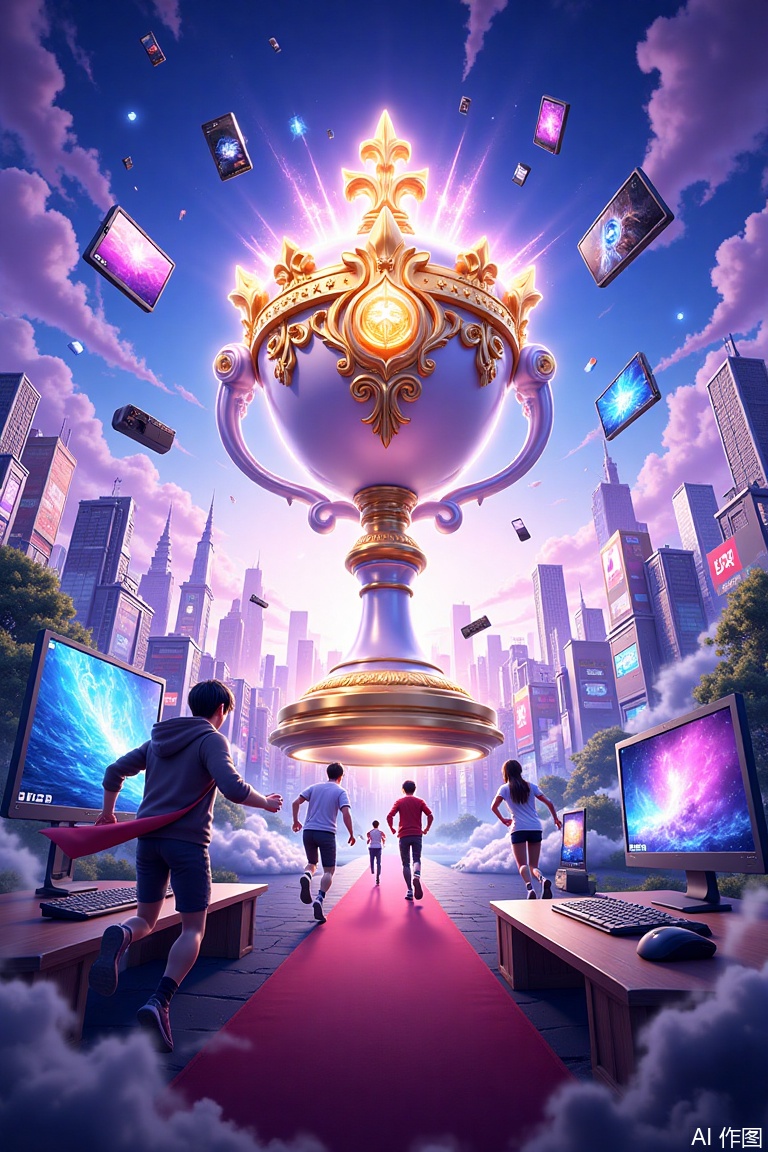  a poster for a gaming e-sports event featuring a huge champion Holy Grail shining brightly in the center, surrounded by 4 characters running towards the center, floating devices such as mobile phones, computers, keyboards, and mice in the air, ultra wide angle, large scene, and panoramic view of a city,