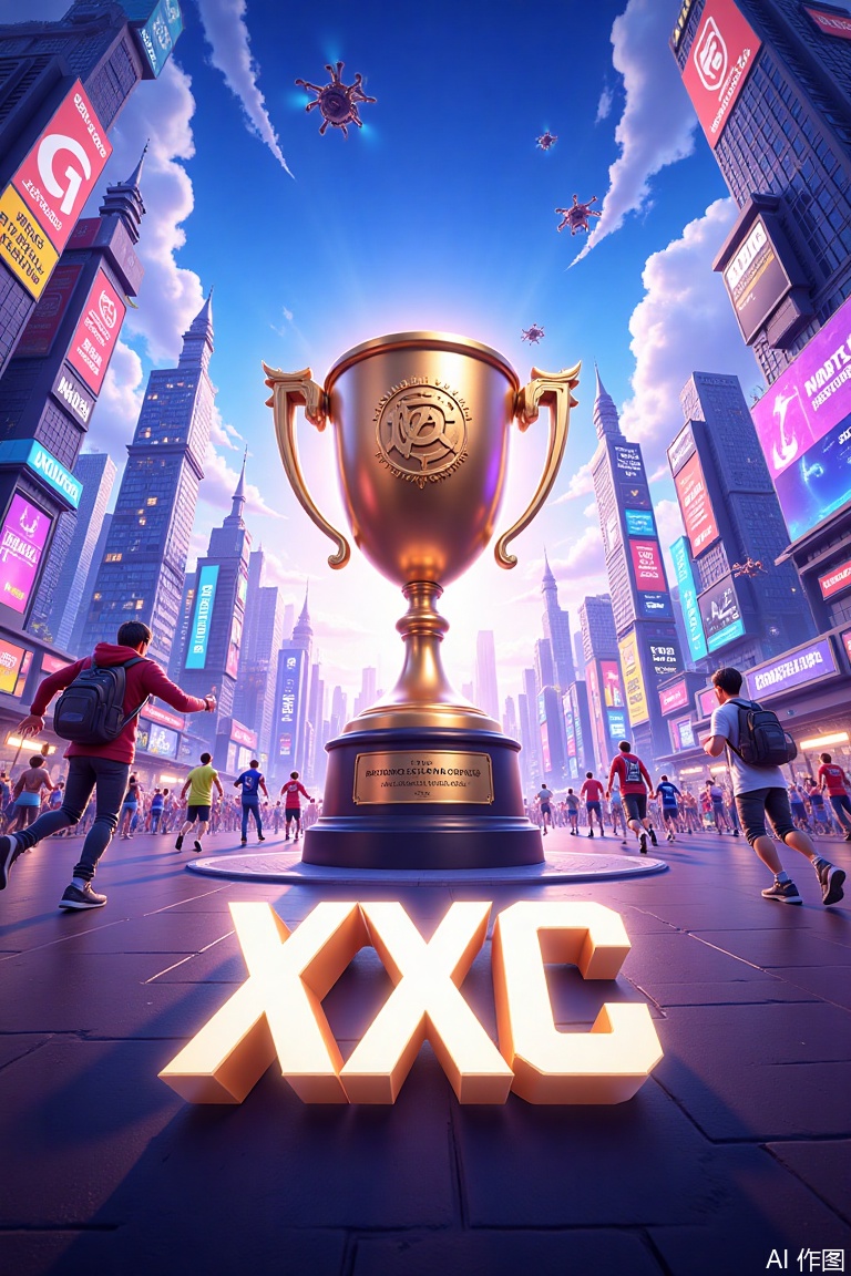 looking up perspective,There is a title of "xxc" below,A poster for a gaming e-sports event,with ahuge trophy in the middle,shining with light,ultra-wide angle,large scene,a panoramicview of a city,