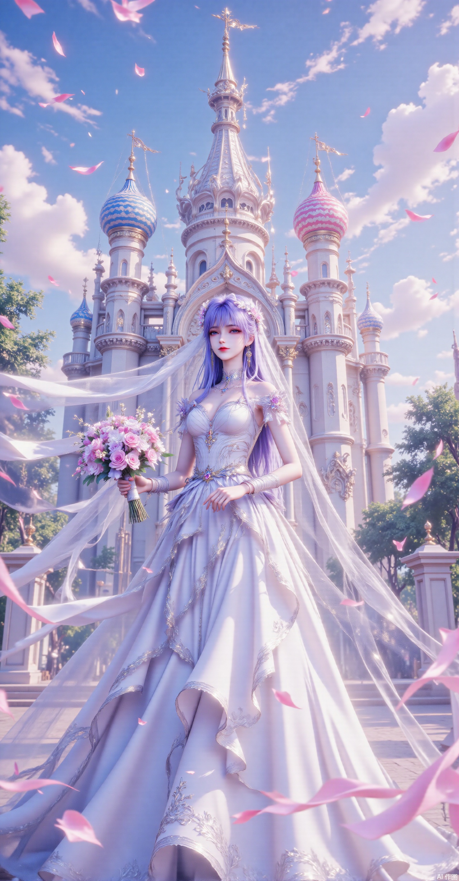 1girl,dress,solo,flower,wedding dress,veil,bridal veil,(purple hair:1.2),long hair,white dress,bride,bare shoulders,strapless,realistic,strapless dress,pink flower,in the background,in front of a glorious cathedral,a large number of rose petals flying in the air,blue sky and white clouds,