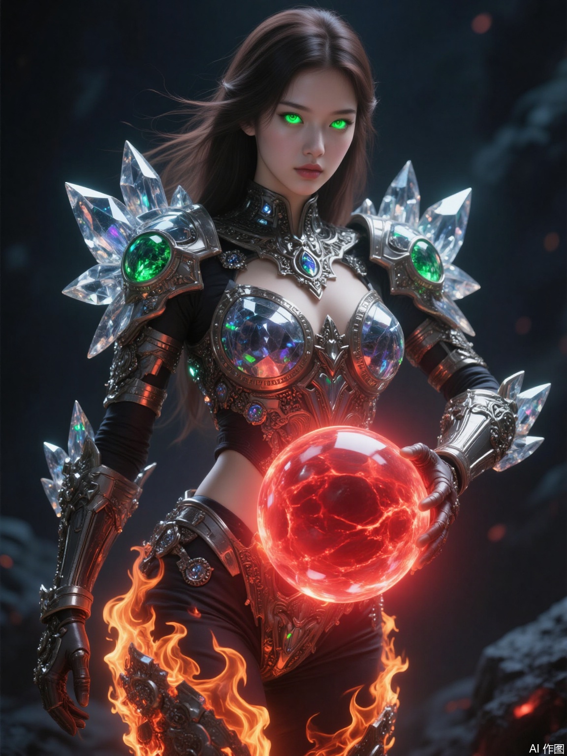 1girl, solo, glowing, armor, green eyes, long hair, glowing eyes, fire, standing, looking at viewer, full body, navel, shoulder armor, parted lips, brown hair, black hair, breasts, armored boots, boots, pointy ears, pauldrons, magic, orb