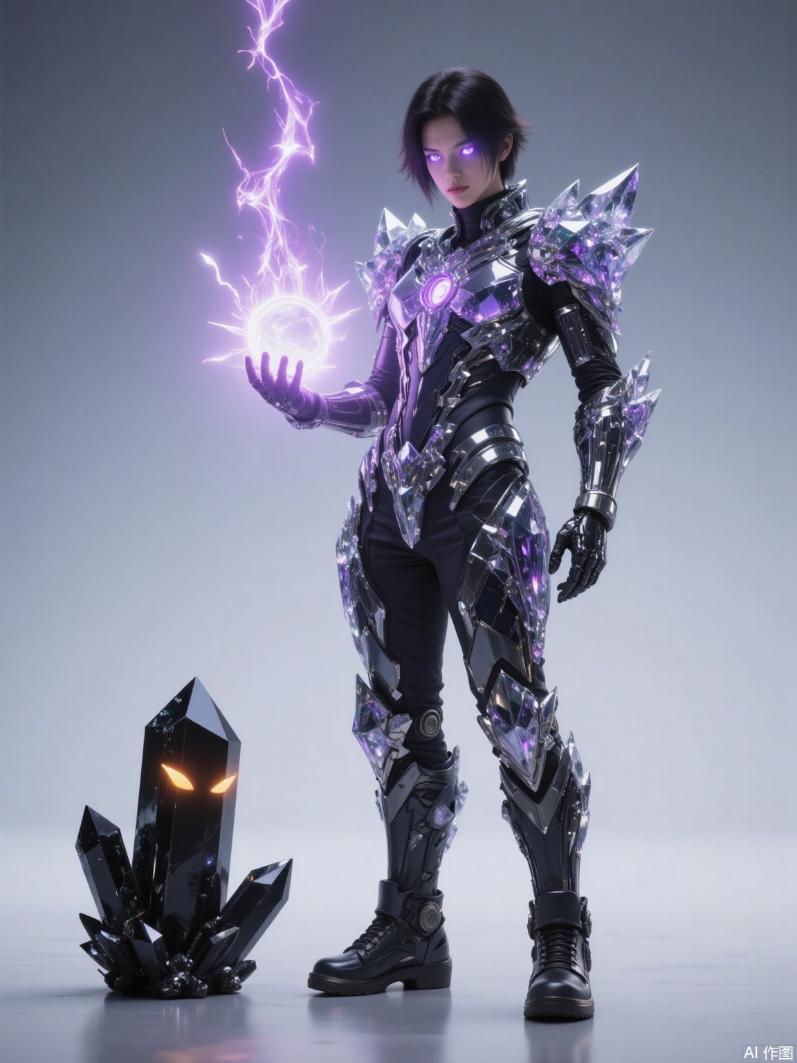 The image depicts a futuristic character standing confidently. The character is wearing an elaborate, crystalline armor suit that is predominantly black with silver accents. The armor has sharp, angular designs and is adorned with glowing purple and white elements, particularly around the chest and shoulders. The character's eyes are also glowing purple, matching the color of the armor.

The character is standing on a smooth, light-colored surface, and their right hand is extended forward, emitting a bright, white energy that appears to be crackling. The energy is directed towards the character's left hand, which is also glowing purple.

On the ground to the left of the character, there are two black crystals. One is larger and more prominent, while the other is smaller and partially obscured. Both crystals have glowing orange eyes, similar to the character's eyes.

The background is a gradient of light to dark gray, providing a neutral backdrop that highlights the character and the crystals. The overall scene has a high-tech and otherworldly aesthetic.