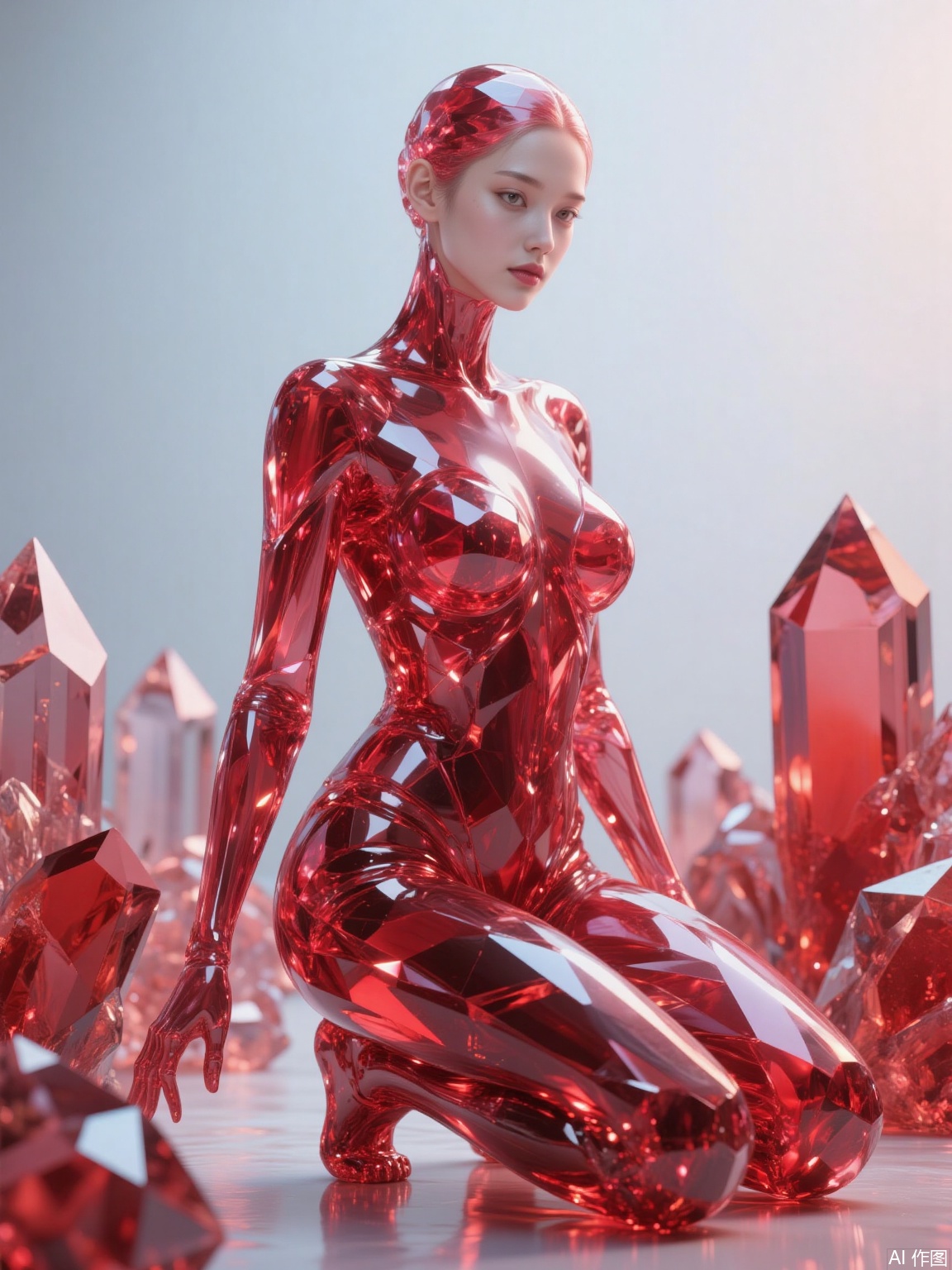 The image depicts a humanoid figure made entirely of red crystal-like material, sitting in a kneeling position. The figure has a smooth, reflective surface with intricate geometric patterns that give it a crystalline appearance. The background consists of a soft gradient of light blue and white, creating a serene and ethereal atmosphere. Surrounding the figure are additional crystal-like structures, which are also composed of red crystal material, enhancing the overall aesthetic of the scene.