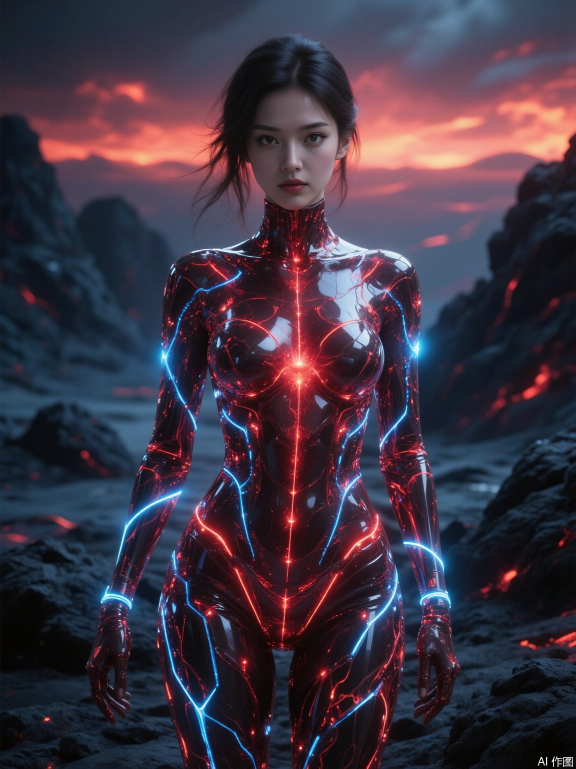 The image depicts a futuristic scene with a woman standing in a landscape that appears to be a volcanic or fiery terrain. She is wearing a form-fitting, transparent suit that resembles a network of glowing red lines, suggesting a high-tech or cybernetic design. The suit is illuminated by blue lines that run down her body, enhancing the impression of advanced technology. The background features dark, rocky terrain with a fiery, glowing horizon, creating a dramatic and otherworldly atmosphere. The overall aesthetic is highly stylized and otherworldly, blending elements of science fiction and fantasy.