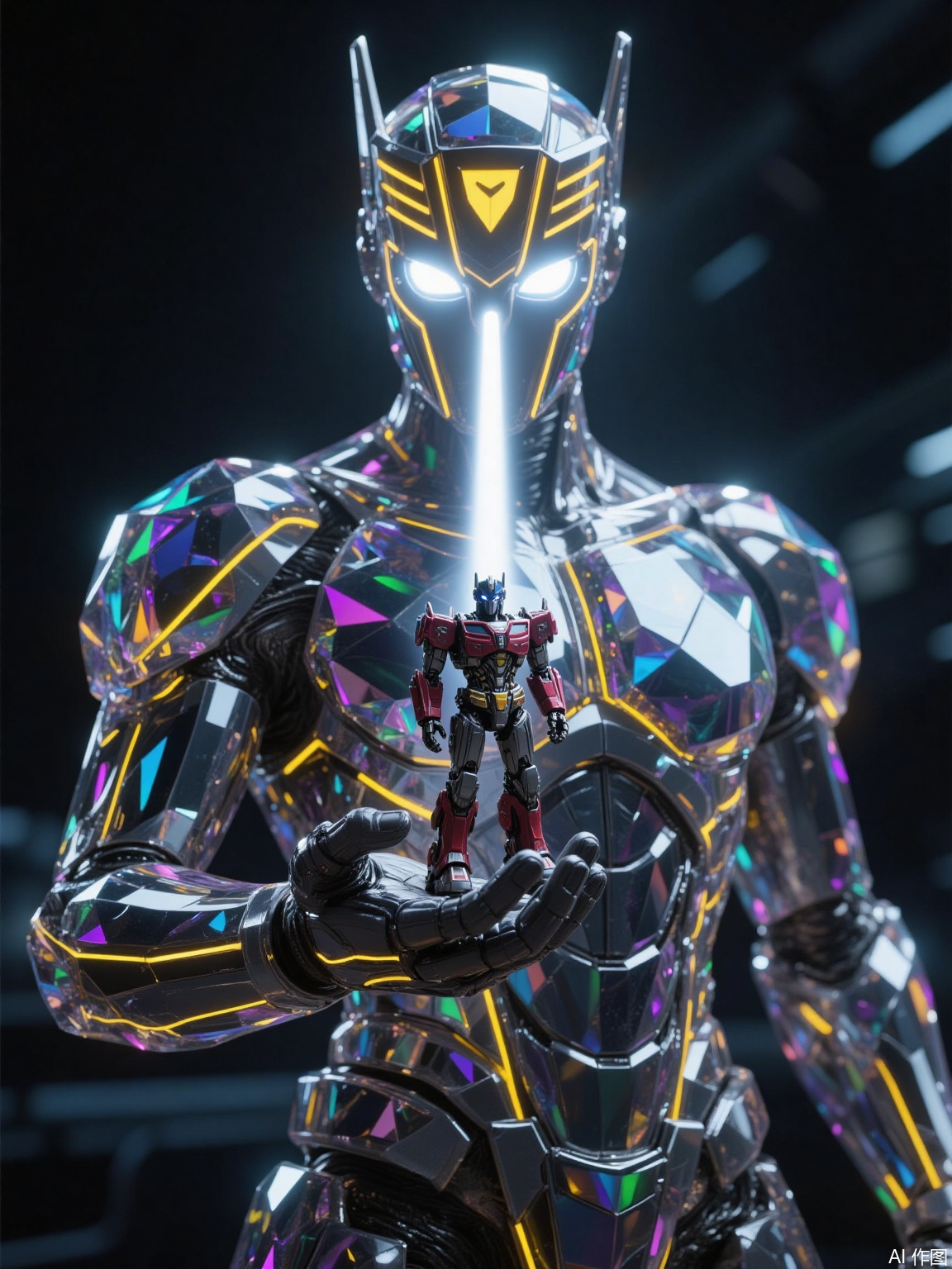 The image depicts a futuristic scene with a humanoid robot standing in the foreground. The robot is adorned with a highly reflective, multi-colored, geometric suit that gives it a futuristic and high-tech appearance. Its helmet features glowing yellow lines and a prominent triangular design on the forehead, emitting a bright beam of light that appears to be directed towards the robot's chest.

In front of the robot, there is a smaller, intricately designed robot or figure, also made of a similar multi-colored, geometric material. This smaller figure is being held in the robot's gloved hand, suggesting a sense of interaction or connection between the two. The background is dark, with subtle hints of futuristic architecture or machinery, emphasizing the high-tech setting. The overall scene conveys a sense of advanced technology and possibly a narrative involving the robots' roles or missions.