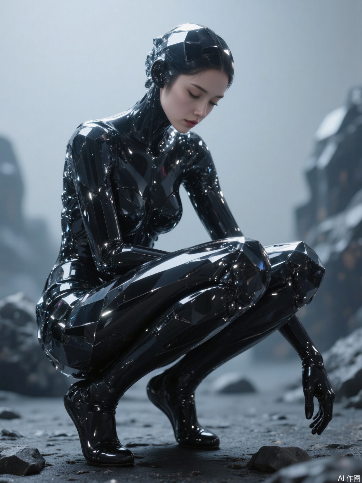 The image depicts a humanoid figure seated on the ground, wearing a sleek, black, geometric suit that appears to be made of reflective, faceted materials. The suit covers the entire body, including the head, with intricate, angular designs that give it a futuristic and almost robotic appearance. The figure is positioned in a contemplative pose, with its head slightly bowed and eyes closed, suggesting a moment of introspection or rest. The background consists of a misty, grayish landscape with rocky formations, adding a sense of otherworldliness to the scene. The lighting is soft and diffused, casting gentle shadows and highlighting the reflective surfaces of the suit.