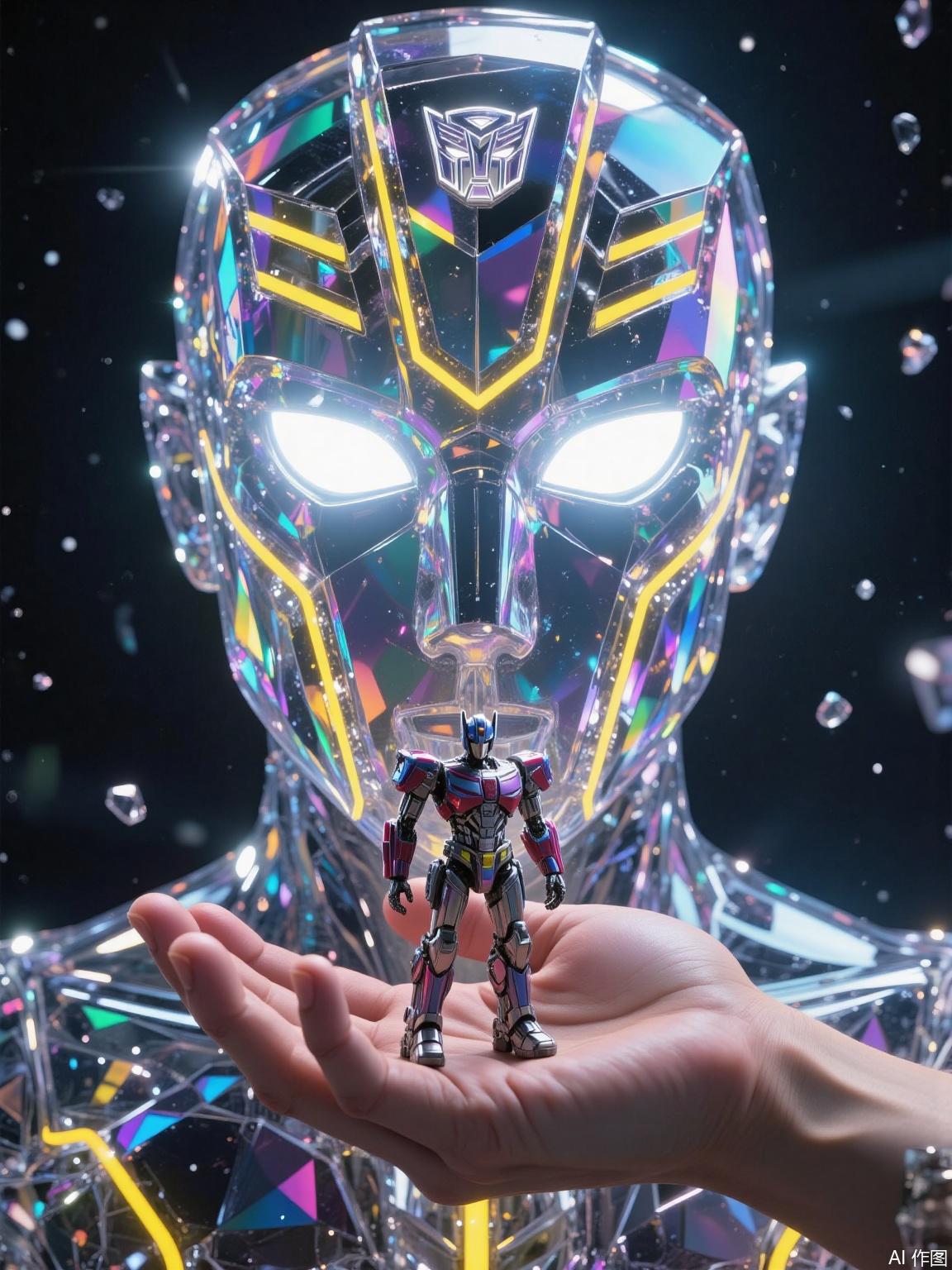 The image shows a hand holding a small, intricately designed robot toy. The robot is positioned in front of a large, futuristic mask that resembles a character from a popular science fiction franchise. The mask is made of transparent material with a geometric pattern and glowing neon lines, creating a striking and colorful effect. The background is dark, which makes the illuminated mask and the robot stand out prominently. The overall scene has a high-tech and futuristic aesthetic.