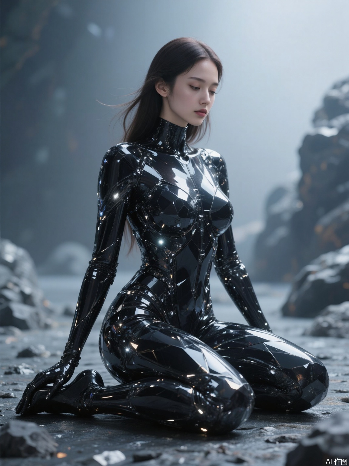 The image depicts a humanoid figure seated on the ground, wearing a sleek, black, geometric suit that appears to be made of reflective, faceted materials. The suit covers the entire body, including the head, with intricate, angular designs that give it a futuristic and almost robotic appearance. The figure is positioned in a contemplative pose, with its head slightly bowed and eyes closed, suggesting a moment of introspection or rest. The background consists of a misty, grayish landscape with rocky formations, adding a sense of otherworldliness to the scene. The lighting is soft and diffused, casting gentle shadows and highlighting the reflective surfaces of the suit.