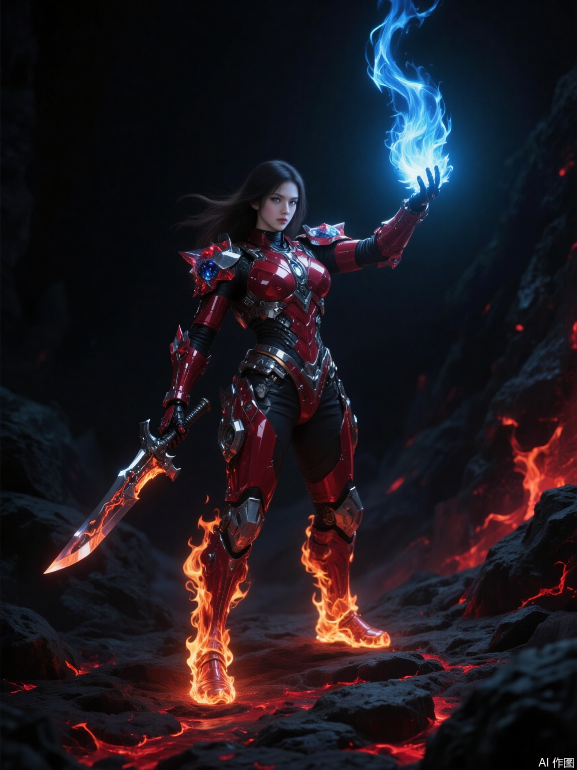 The image depicts a futuristic character standing in a dark, rocky environment. The character is clad in a red and black armored suit, which is highly detailed and appears to be made of a metallic material. The suit is sleek and covers the entire body, including the legs. The character is holding a large, flaming sword in one hand, which is engulfed in bright orange flames. The other hand is raised, emitting a blue, swirling energy that seems to be magical or supernatural in nature. The background is dark and rocky, with some faint red and orange glows suggesting a fiery or volcanic environment. The overall scene has a dramatic and intense atmosphere.