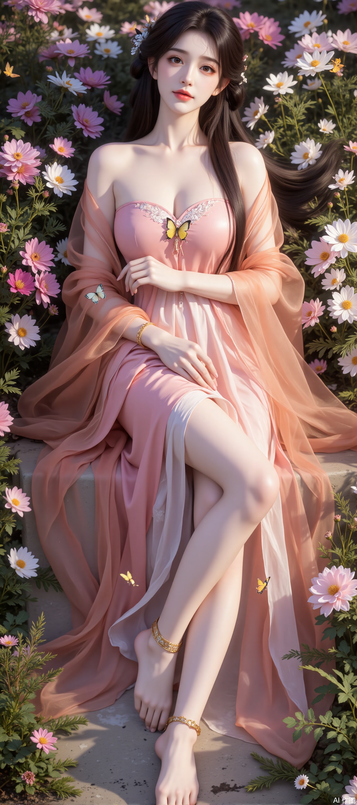 This image depicts a serene and ethereal scene where a woman is surrounded by a vibrant field of flowers
She is dressed in traditional attire, with flowing pink and orange garments that complement the natural beauty around her
The woman is seated gracefully, with one leg crossed over the other, and her hands resting gently on her lap
The flowers surrounding her are in various shades of pink, purple, and white, creating a harmonious and peaceful atmosphere
Above her, delicate butterflies flutter, adding a touch of magic to the scene
The overall composition exudes a sense of tranquility and connection with nature.
