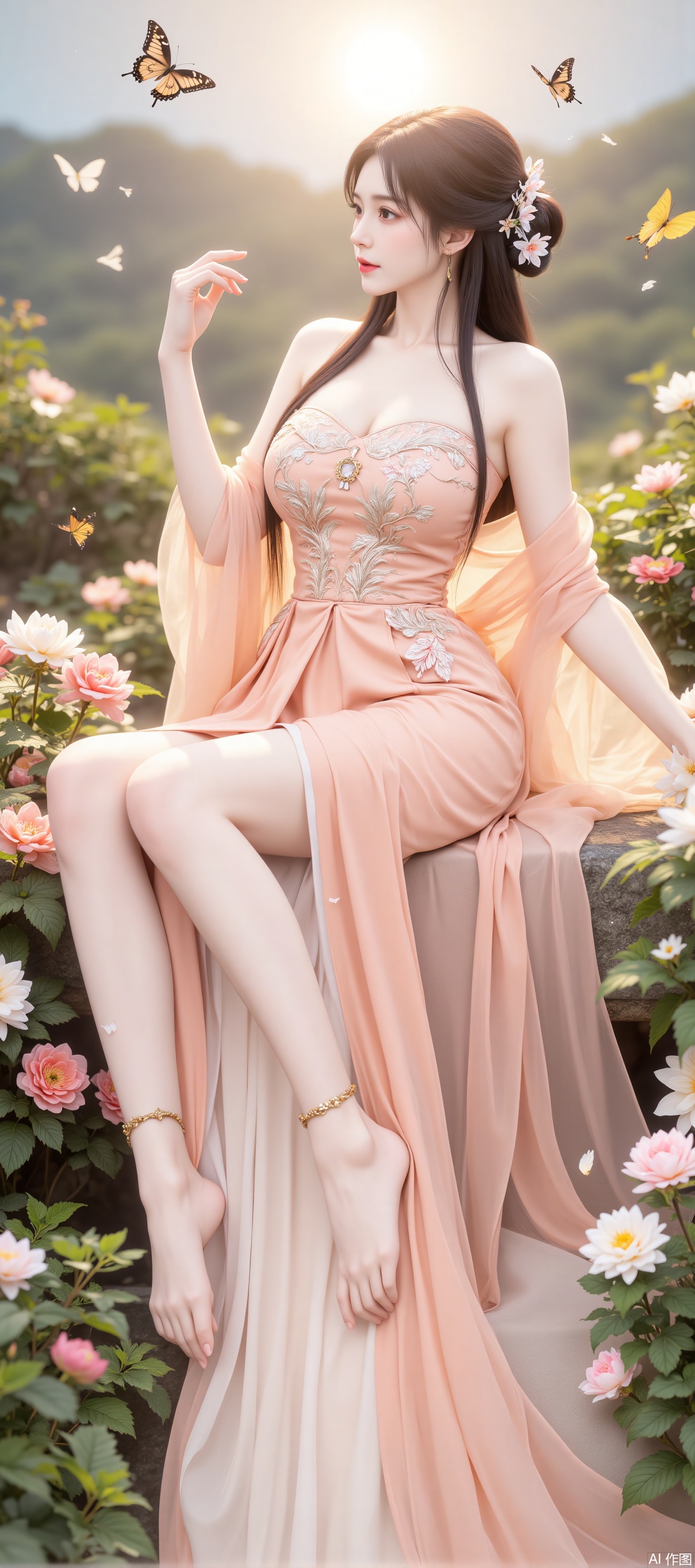 a serene and ethereal scene where a woman is dressed in an elegant, flowing peach-colored gown adorned with intricate floral embroidery
￼
She is seated amidst a lush, vibrant garden filled with blooming flowers in various shades of pink and white
￼
The woman's hair is styled in traditional updos, embellished with delicate floral accessories that complement the natural beauty around her
￼
Butterflies are flying around her, adding a sense of movement and life to the tranquil setting
￼
The background features a bright, clear sky with a soft, glowing sun, enhancing the dreamy and peaceful atmosphere of the scene.