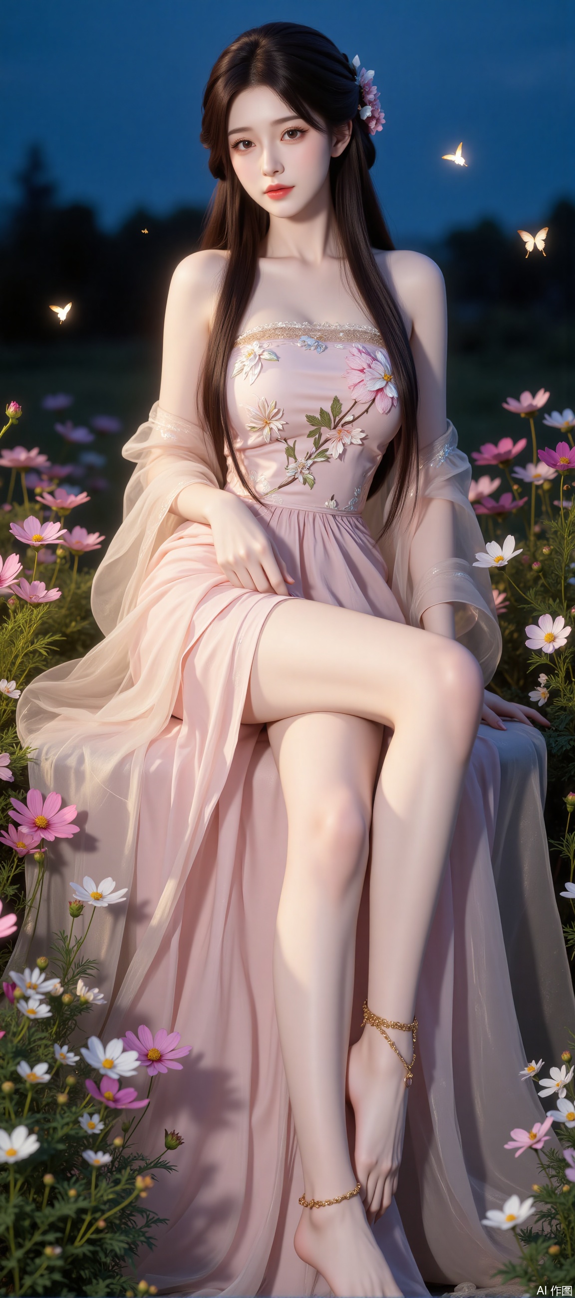 The image depicts a serene outdoor scene with a woman dressed in a flowing
￼
￼
pastel pink gown adorned with delicate floral embroidery. She is seated amidst a lush garden filled with vibrant flowers
￼
￼
including cosmos and other small blossoms. The background features a clear blue sky
￼
￼
suggesting a peaceful
￼
￼
possibly evening or early morning setting. The woman's long
￼
￼
dark hair is styled elegantly
￼
￼
and she is surrounded by fluttering butterflies
￼
￼
enhancing the ethereal and tranquil atmosphere of the scene.
￼
￼
￼
￼
