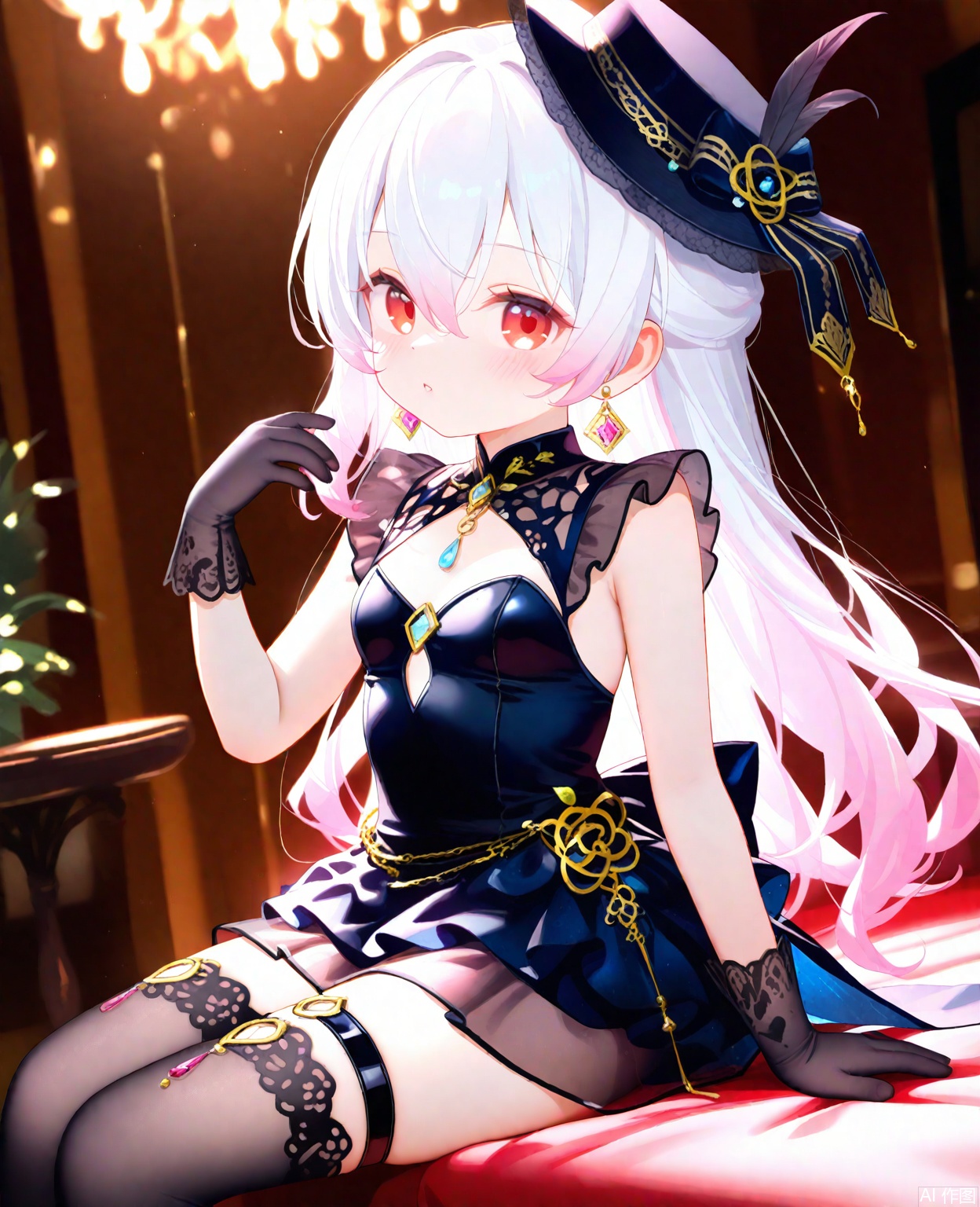 masterpiece,high quality,best quality,1loli,solo,(upper body),long hair,breasts,red eyes,gloves,hat,dress,hair between eyes,jewelry,pink hair,white hair,multicolored hair,earrings,black gloves,black dress,thighhighs,footwear,high heels,short dress,thigh strap,jikan,fczj,transparent