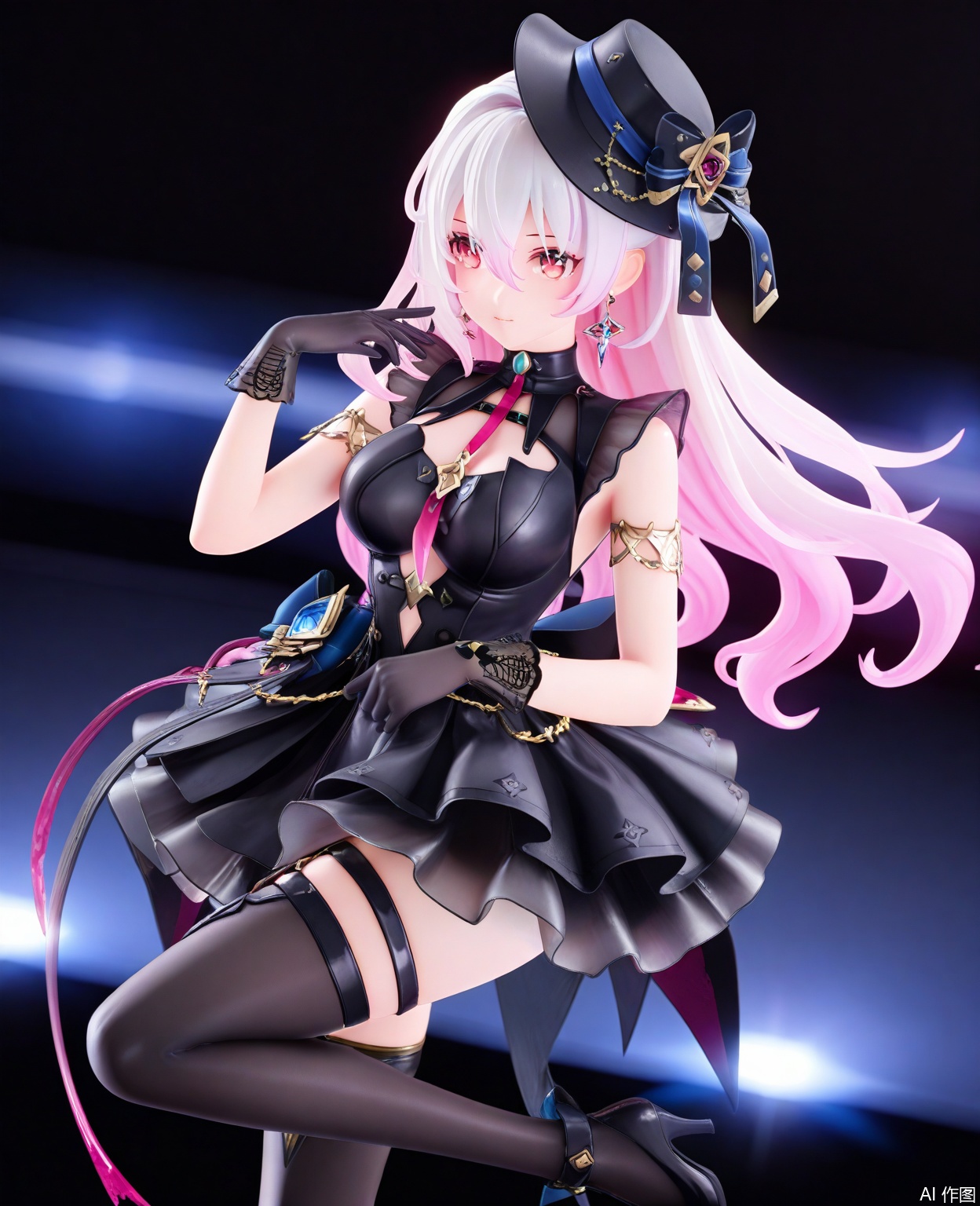 masterpiece,high quality,best quality,1girl,solo,long hair,breasts,red eyes,gloves,hat,dress,hair between eyes,jewelry,pink hair,white hair,multicolored hair,earrings,black gloves,black dress,thighhighs,footwear,high heels,short dress,thigh strap,jikan