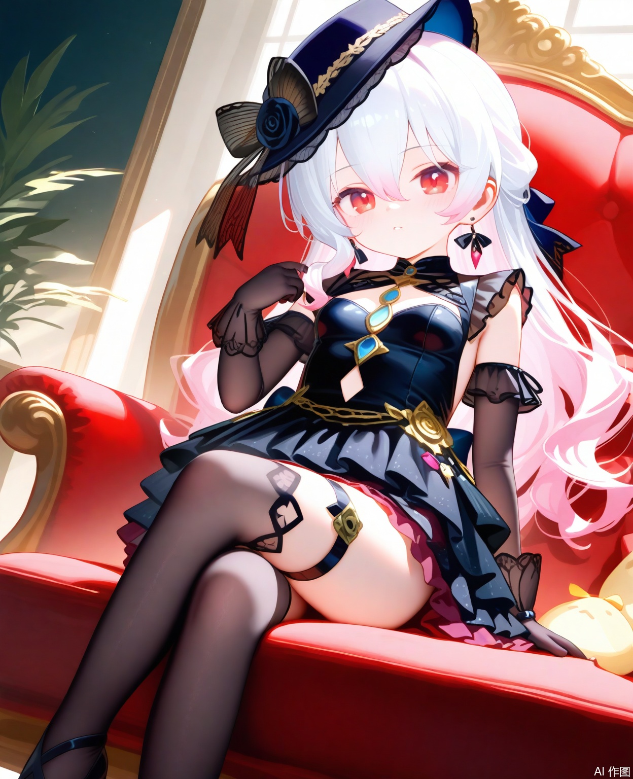 masterpiece,high quality,best quality,1loli,solo,upper body,long hair,breasts,red eyes,gloves,hat,dress,hair between eyes,jewelry,pink hair,white hair,multicolored hair,earrings,black gloves,black dress,thighhighs,footwear,high heels,short dress,thigh strap,jikan,fczj,transparent