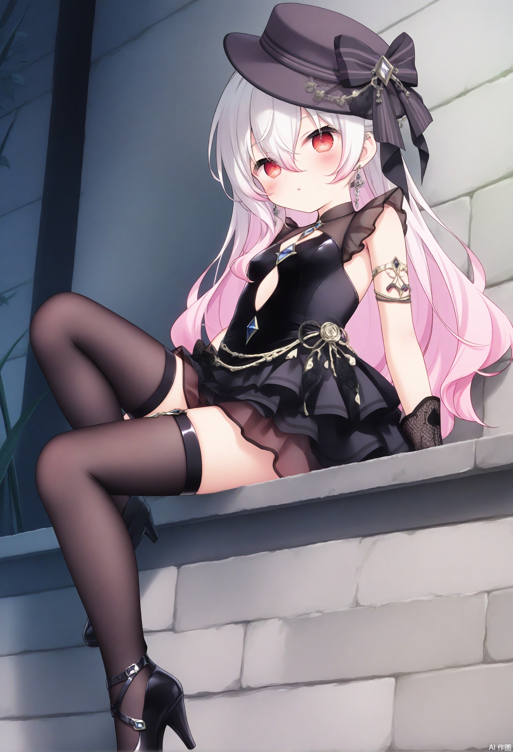 masterpiece,high quality,best quality,1loli,jikan,solo,long hair,breasts,red eyes,gloves,hat,dress,hair between eyes,jewelry,pink hair,white hair,multicolored hair,earrings,black gloves,black dress,thighhighs,footwear,high heels,short dress,thigh strap