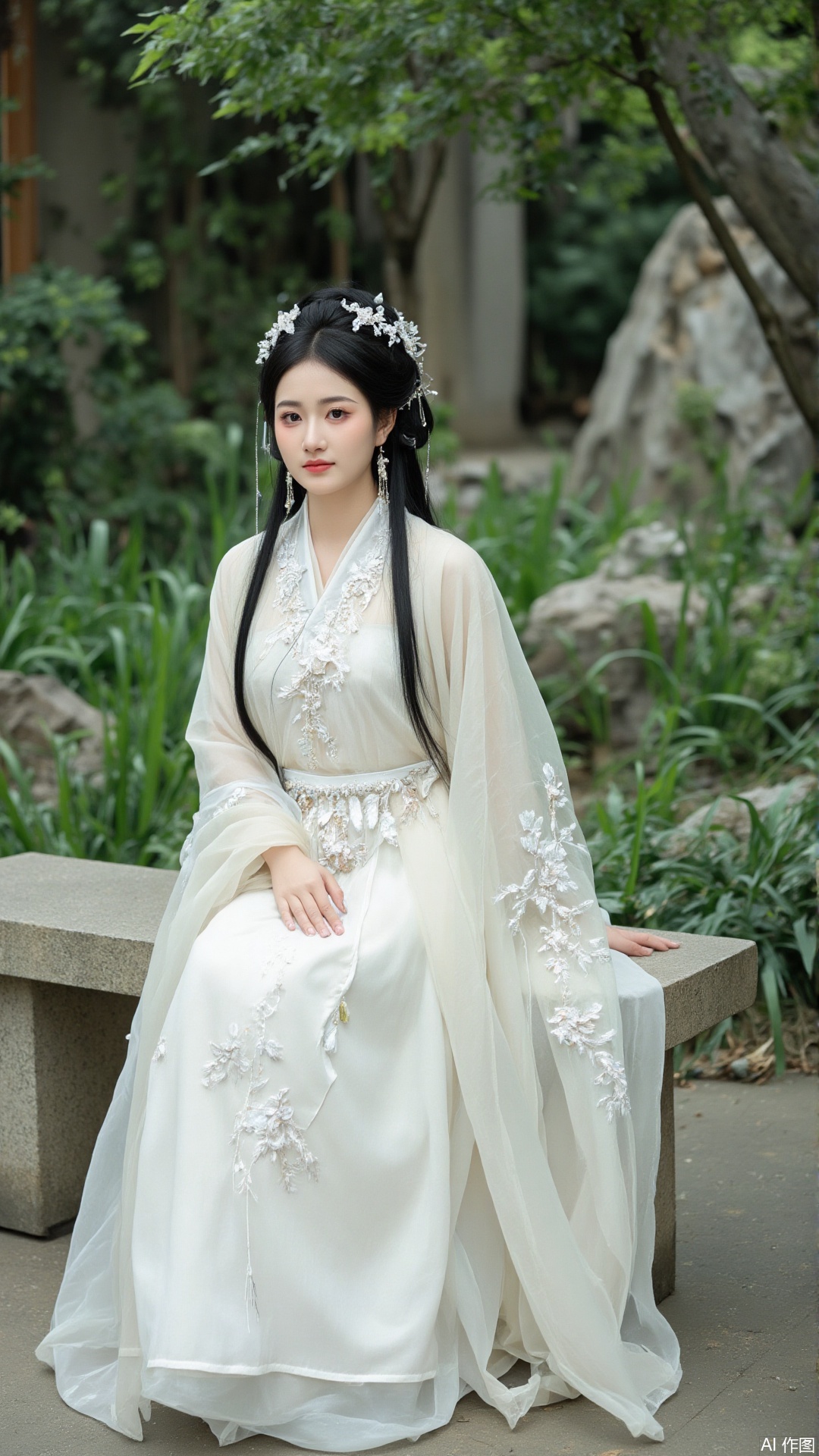 This painting is a portrait of a young woman wearing traditional Chinese costume. She sat on a stone bench in the garden with green plants and rocks in the background. The woman wore a flowing white long dress with intricate embroidery and matching headdress. She has long black hair, traditional Chinese hairstyle, and a flower crown on her head. This dress has a high collar and long sleeves.