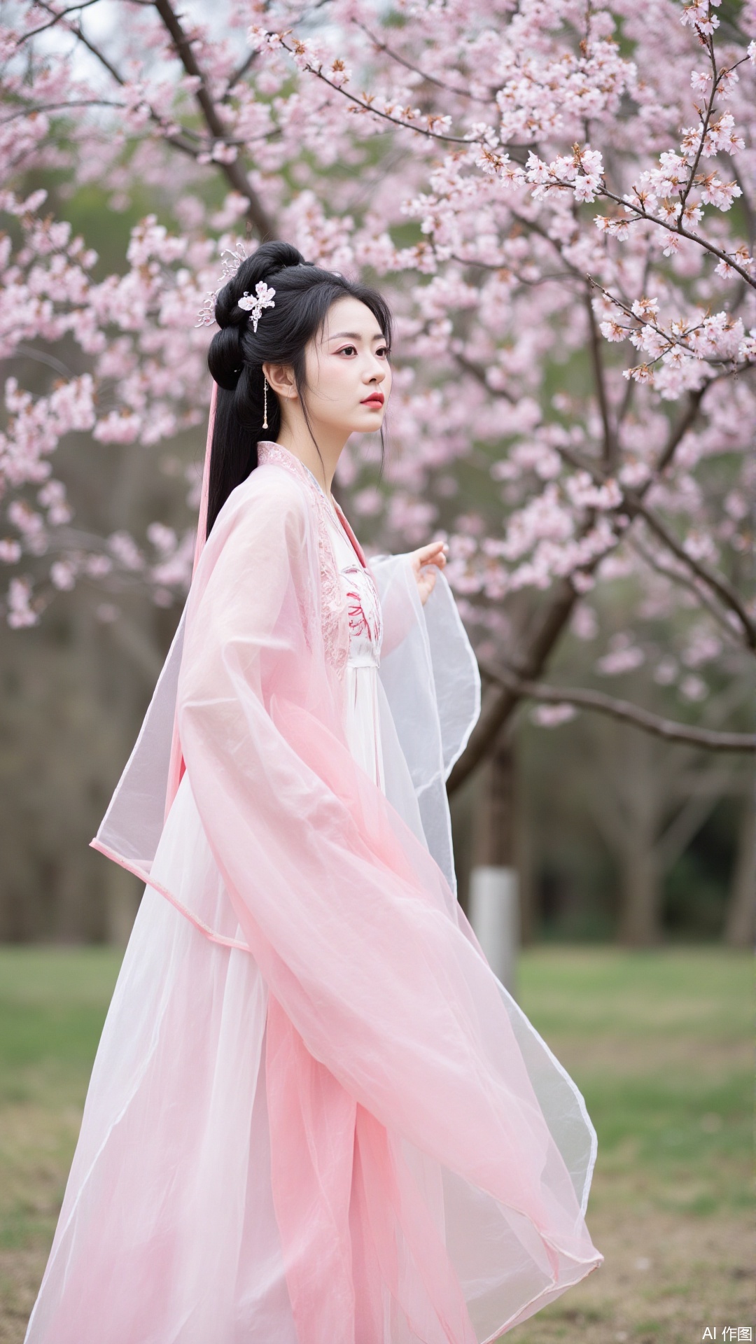 The image shows a young woman wearing a traditional Chinese Hanfu dress. She is standing in front of a tree with pink cherry blossom trees in full bloom. The woman is wearing a long, flowing pink dress with a white shawl draped over her shoulders. Her hair is styled in a high bun with a flower crown on top. She has a serious expression on her face and is looking off to the side. The background is blurred, but it appears to be a park or garden with greenery. The overall mood of the image is peaceful and serene.