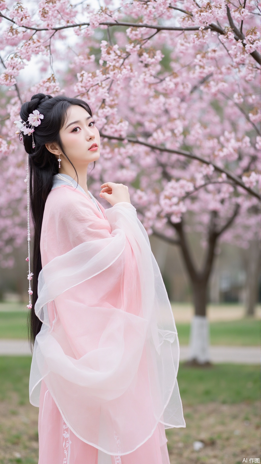 The image shows a young woman wearing a traditional Chinese Hanfu dress. She is standing in front of a tree with pink cherry blossom trees in full bloom. The woman is wearing a long, flowing pink dress with a white shawl draped over her shoulders. Her hair is styled in a high bun with a flower crown on top. She has a serious expression on her face and is looking off to the side. The background is blurred, but it appears to be a park or garden with greenery. The overall mood of the image is peaceful and serene.