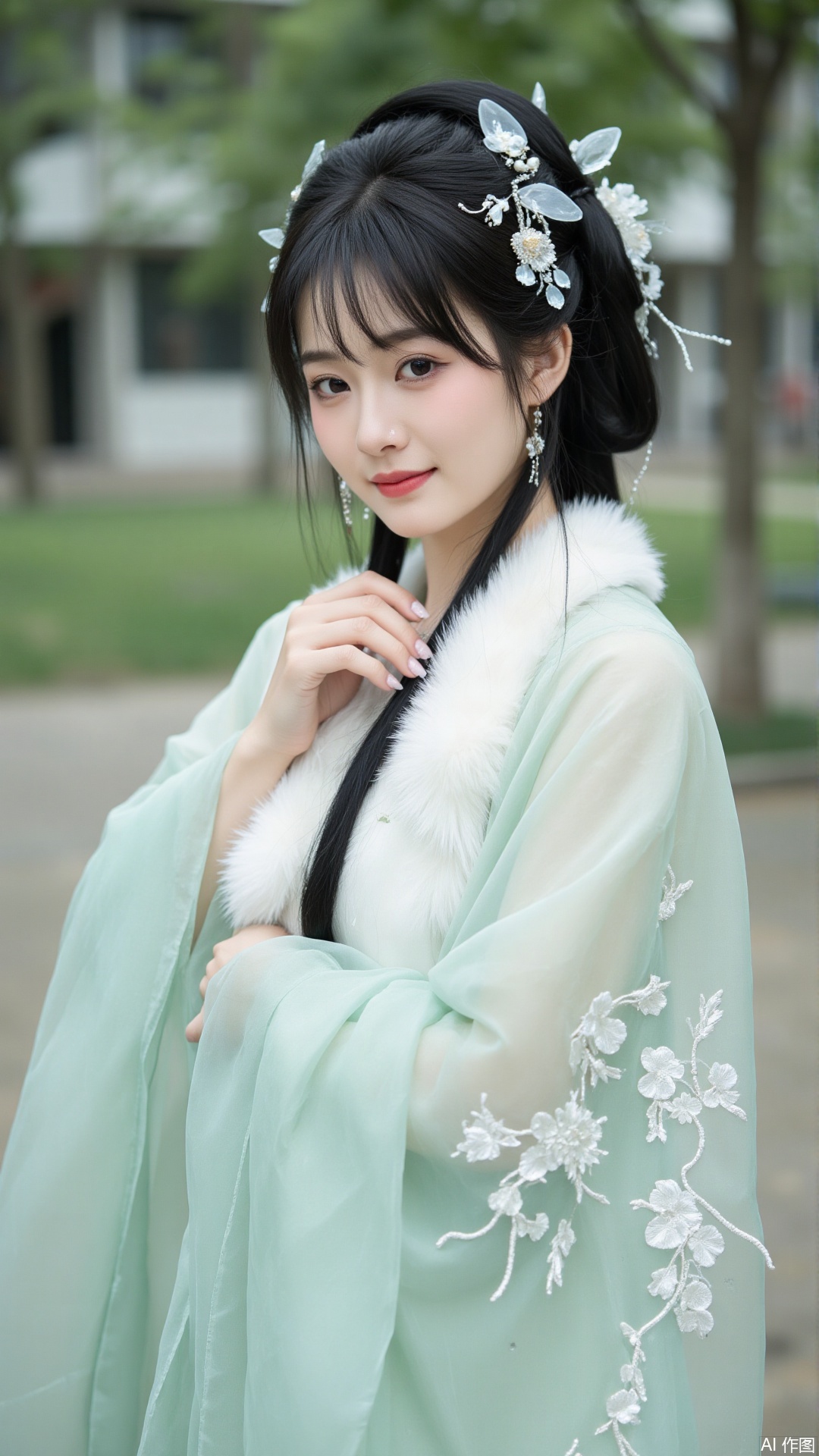 The image is a portrait of a young woman wearing a traditional Chinese Hanfu dress. She is standing in a park or garden with trees and a building in the background. The woman is wearing a light green robe with intricate white embroidery and a white fur collar. Her hair is styled in a half-up, half-down hairstyle with a flower crown on top. She has long black hair and is looking directly at the camera with a slight smile on her face. The overall mood of the image is peaceful and serene.