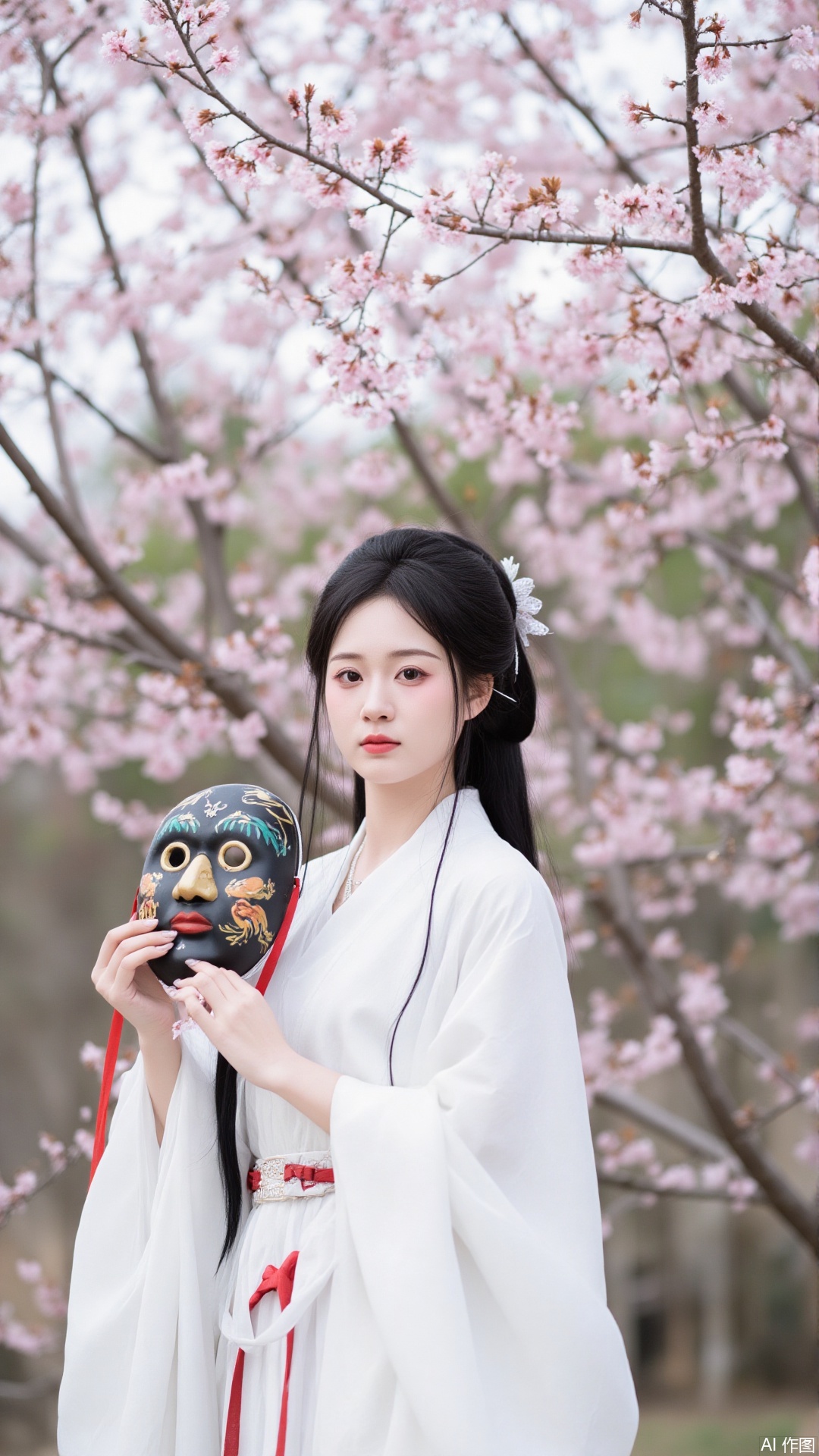 The image is a portrait of a young woman wearing a traditional Chinese Hanfu outfit. She is standing in front of a tree with pink cherry blossom trees in full bloom. The woman is wearing a white kimono with a red ribbon tied around her waist. She has long black hair styled in a half-up, half-down hairstyle with a flower in her hair. In her hand, she is holding a black mask with a colorful design on it. The mask appears to be a traditional mask with intricate details and patterns. The background is blurred, but it seems to be an outdoor setting with greenery and trees. The overall mood of the image is peaceful and serene.