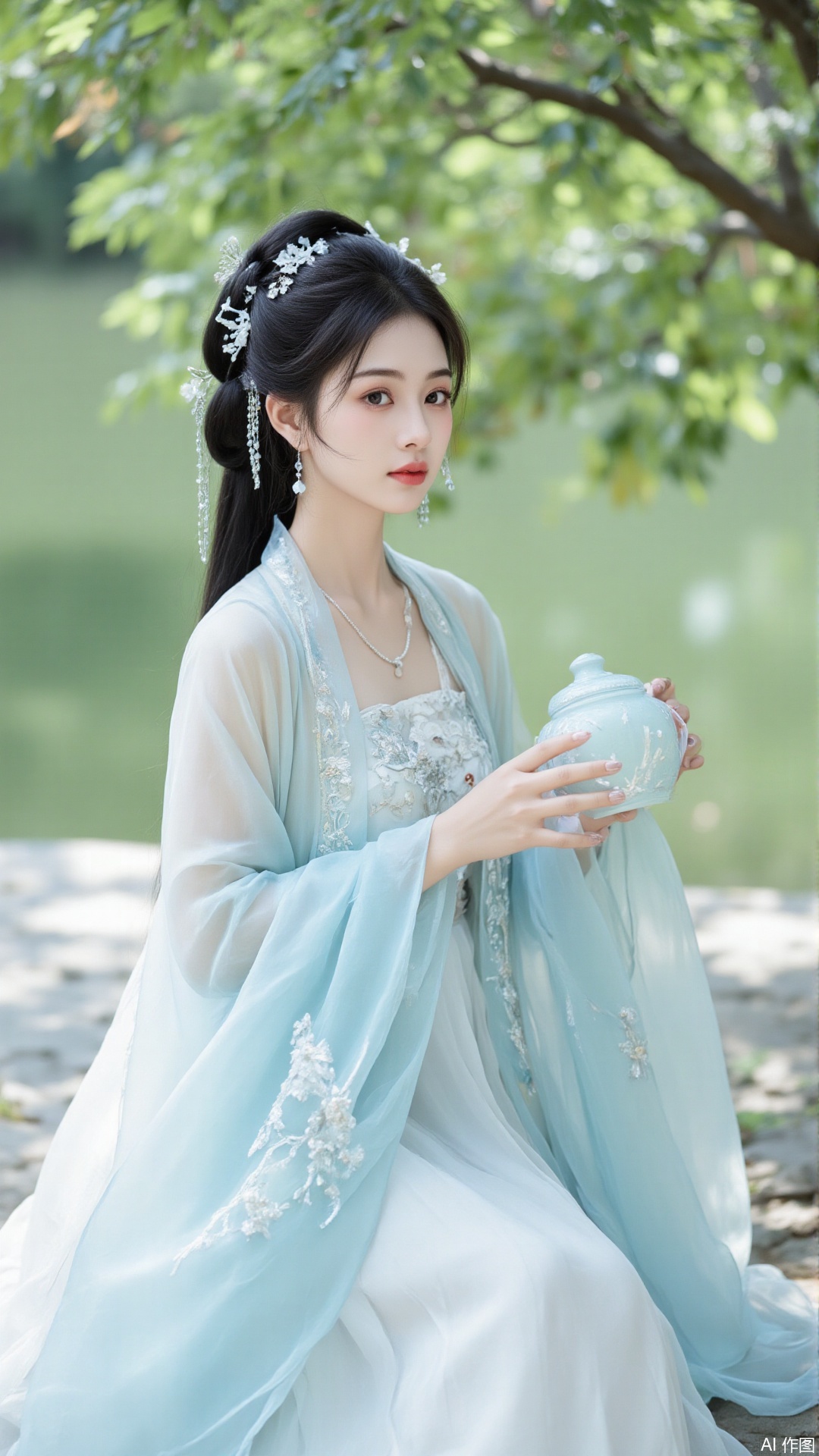 The image shows a young woman wearing a traditional Chinese dress. She is sitting on a stone pathway with a tree in the background. The dress is light blue in color and has intricate embroidery on the bodice and skirt. The woman is holding a teapot in her hands and is looking off to the side with a serious expression on her face. She has her hair styled in an updo with a flower crown on top. The overall mood of the image is elegant and graceful.