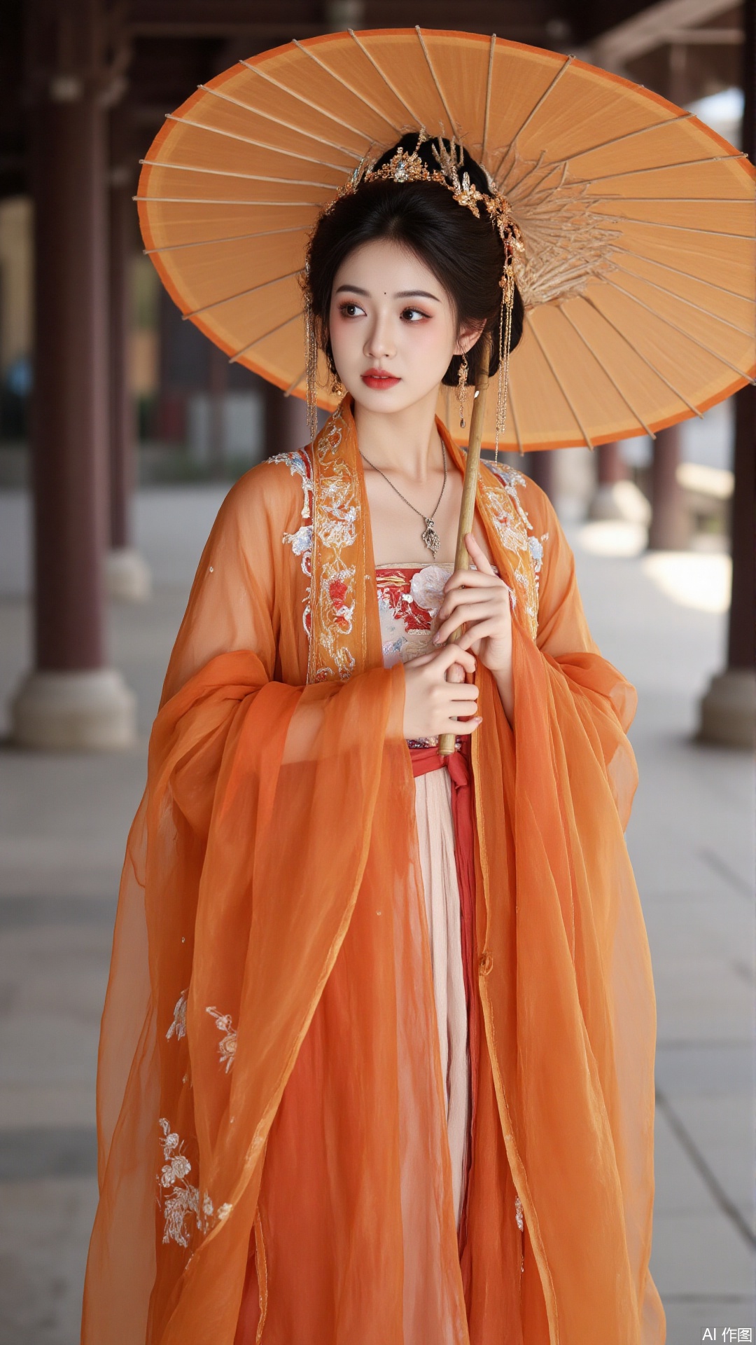 The image is a portrait of a young woman dressed in traditional Chinese clothing. She is wearing a long orange robe with intricate gold embroidery and a matching headpiece. Her hair is styled in a high bun with a gold tiara on top. The woman is holding a large orange parasol in her right hand and is looking off to the side with a serious expression on her face. The background is blurred, but it appears to be an indoor space with a stone floor and pillars. The overall mood of the image is elegant and regal.