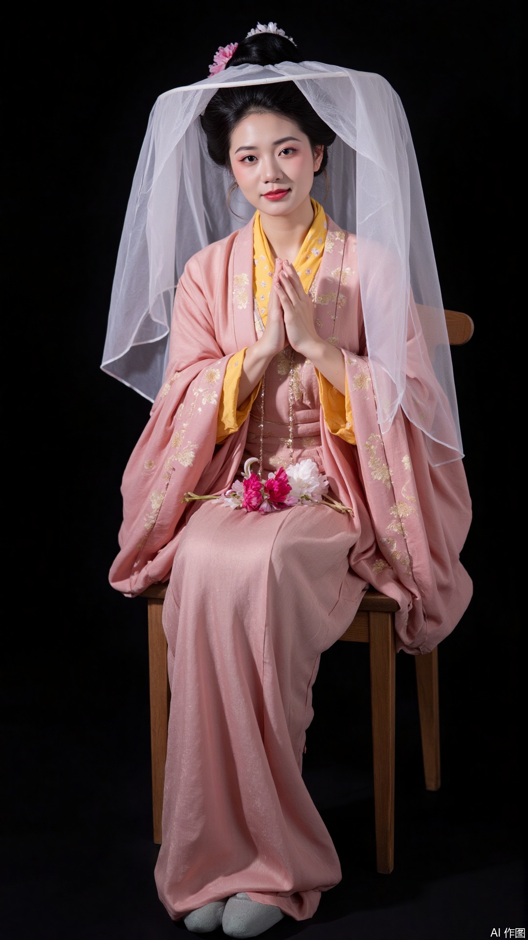 The image is a portrait of a young woman wearing a traditional Japanese kimono. She is sitting on a chair with her legs crossed and her hands clasped together in front of her. The woman is wearing a pink and gold robe with intricate patterns and designs. She has a large white veil covering her head, which is tied in a bow at the top. The background is black, making the woman and the flowers stand out. The overall mood of the image is elegant and graceful.