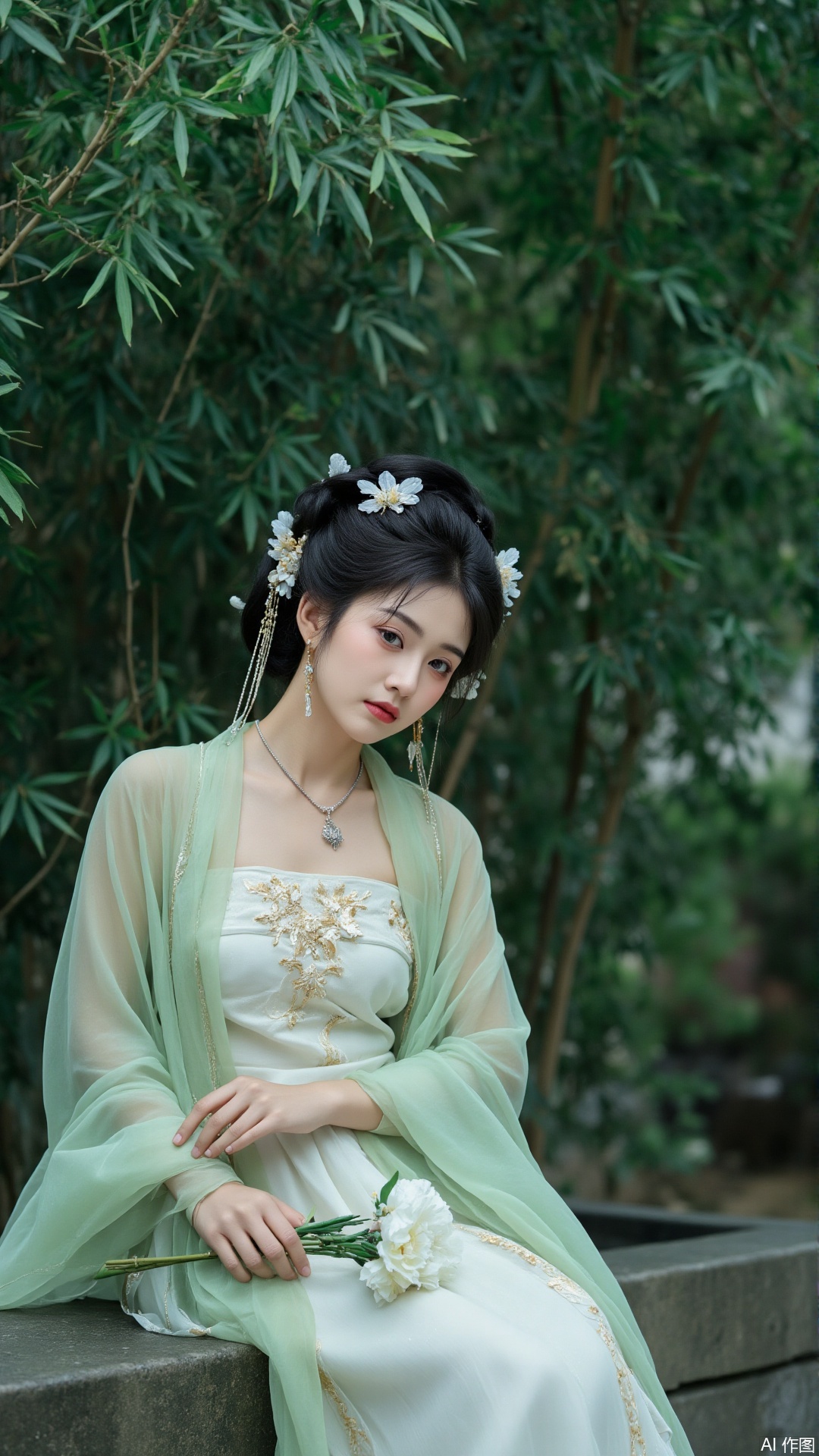 The image is a portrait of a young woman sitting on a stone bench in a garden. She is wearing a traditional Chinese dress with a green shawl draped over her shoulders. The dress is white with gold embroidery and has a high neckline and long sleeves. She has a flower crown on her head and her hair is styled in an updo with loose curls. The woman is holding a bouquet of white flowers in her hand and is looking off to the side with a serious expression on her face. The background is filled with greenery, including bamboo trees and bushes. The overall mood of the image is peaceful and serene.