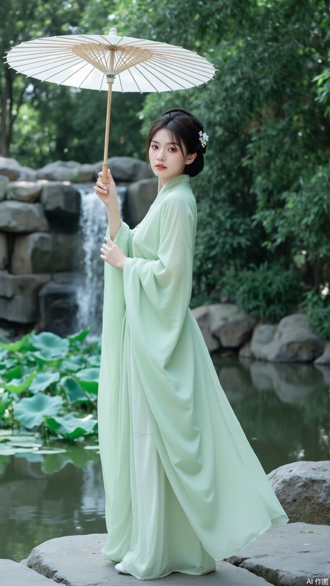 The image shows a young woman standing in front of a waterfall in a garden. She is wearing a long, flowing green dress with a high neckline and long sleeves. The dress is made of a light green fabric and has a flowy skirt that falls to her knees. The woman is holding a white parasol with a bamboo handle in her right hand. She has dark hair styled in a bun with a flower in her hair. The background is filled with greenery and trees, and there are lily pads floating on the water. The overall mood of the image is peaceful and serene.