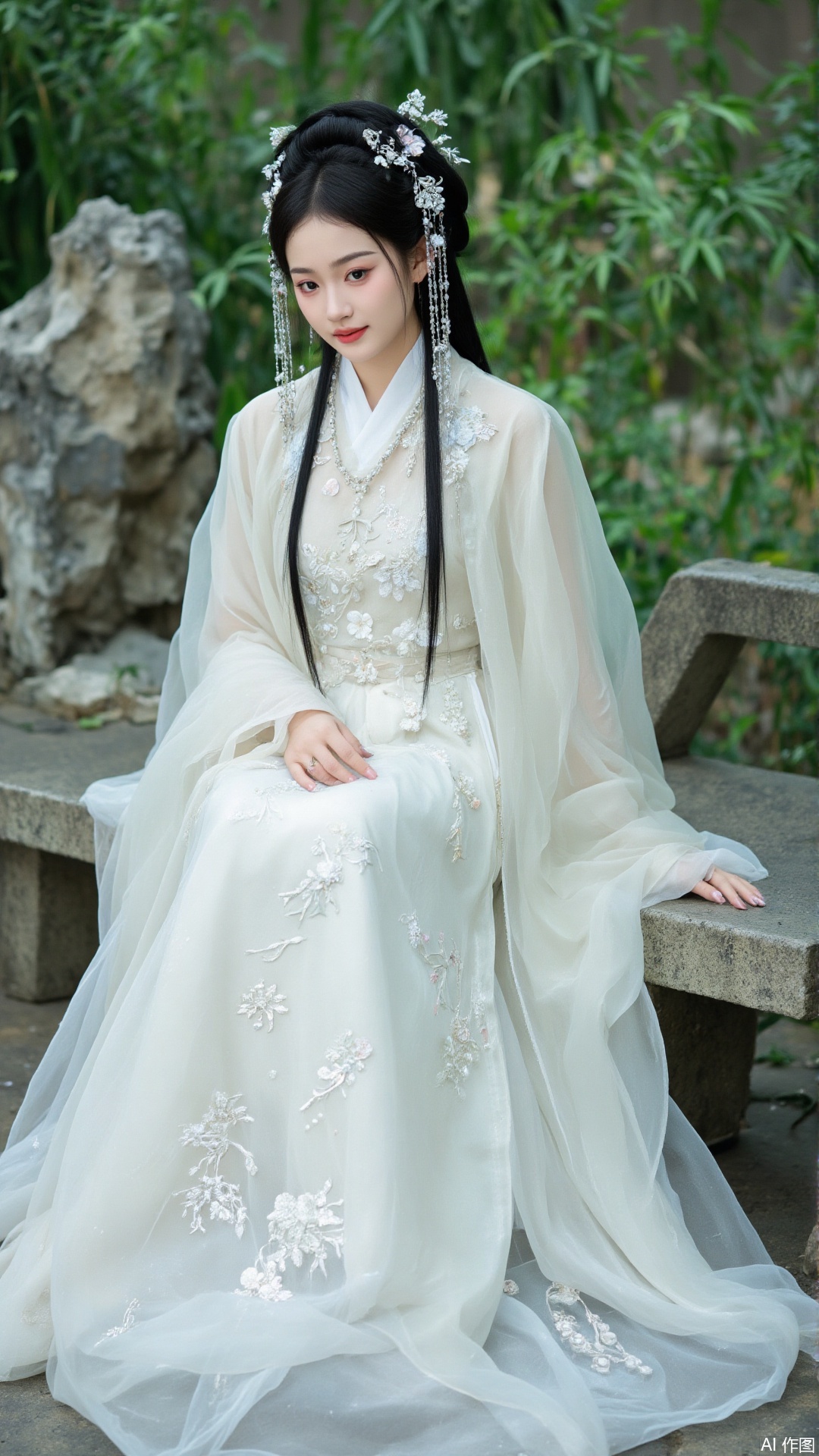 This painting is a portrait of a young woman wearing traditional Chinese costume. She sat on a stone bench in the garden with green plants and rocks in the background. The woman wore a flowing white long dress with intricate embroidery and matching headdress. She has long black hair, traditional Chinese hairstyle, and a flower crown on her head. This dress has a high collar and long sleeves.