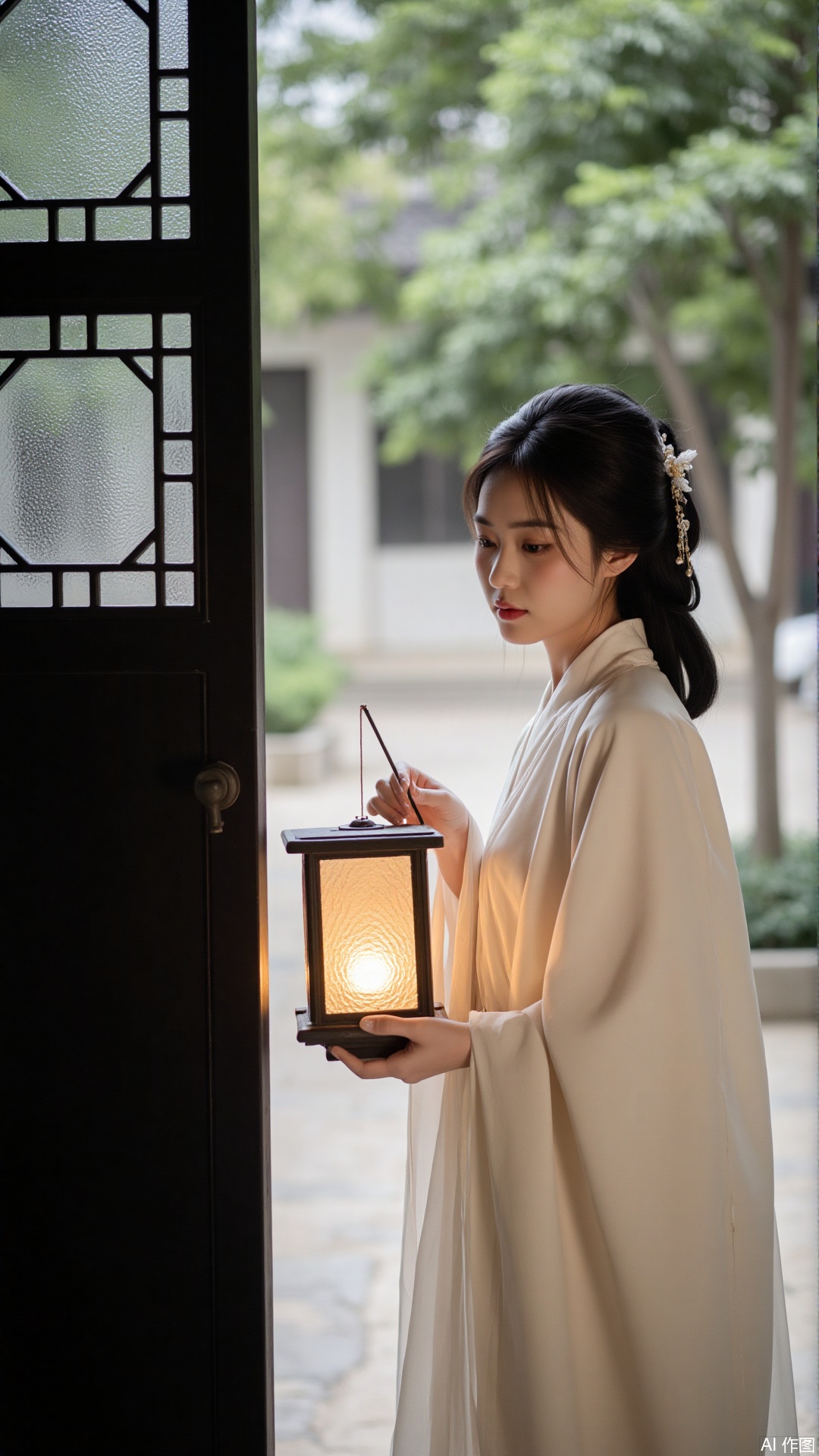 The image shows a young woman wearing a traditional Chinese dress, standing in front of a black gate with a decorative design. She is holding a lantern in her hands and appears to be looking at it intently. The woman has dark hair styled in an updo with a flower in her hair. The background is blurred, but it seems to be an outdoor setting with trees and a building visible. The overall mood of the image is peaceful and serene.