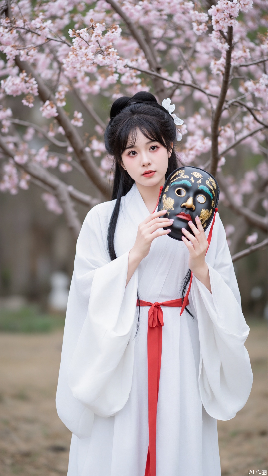 The image is a portrait of a young woman wearing a traditional Chinese Hanfu outfit. She is standing in front of a tree with pink cherry blossom trees in full bloom. The woman is wearing a white kimono with a red ribbon tied around her waist. She has long black hair styled in a half-up, half-down hairstyle with a flower in her hair. In her hand, she is holding a black mask with a colorful design on it. The mask appears to be a traditional mask with intricate details and patterns. The background is blurred, but it seems to be an outdoor setting with greenery and trees. The overall mood of the image is peaceful and serene.