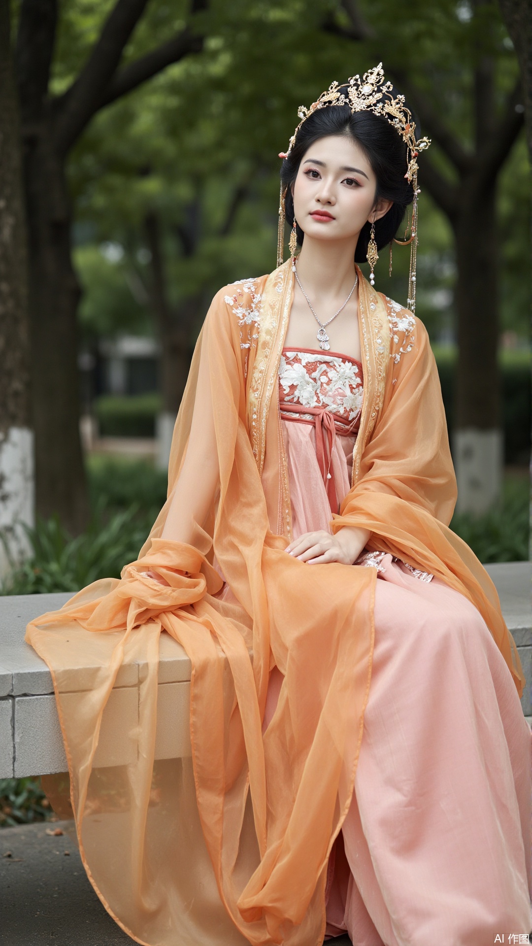 The image is a portrait of a young woman wearing a traditional Chinese dress. She is sitting on a stone bench in a park or garden, with trees and greenery in the background. The woman is wearing a long, flowing orange and pink dress with intricate gold embroidery and a matching headpiece. Her hair is styled in a traditional updo with a gold tiara on top. She has a serious expression on her face and is looking directly at the camera. The overall mood of the image is elegant and regal.
