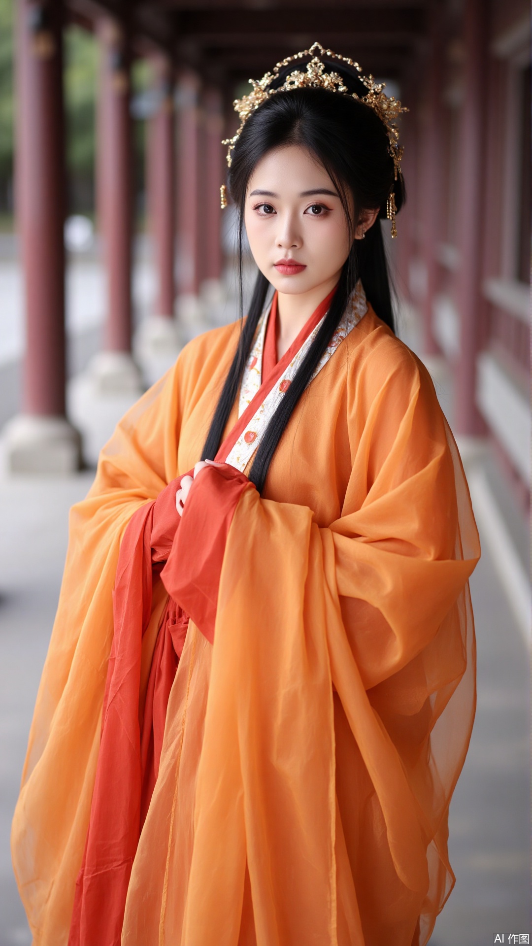 The image is a portrait of a young woman dressed in traditional Chinese clothing. She is wearing a long orange robe with a red shawl draped over her shoulders. Her hair is styled in long black hair with a gold headpiece on top. She has a serious expression on her face and is looking directly at the camera. The background is blurred, but it appears to be an outdoor setting with pillars and a pathway. The overall mood of the image is elegant and regal.