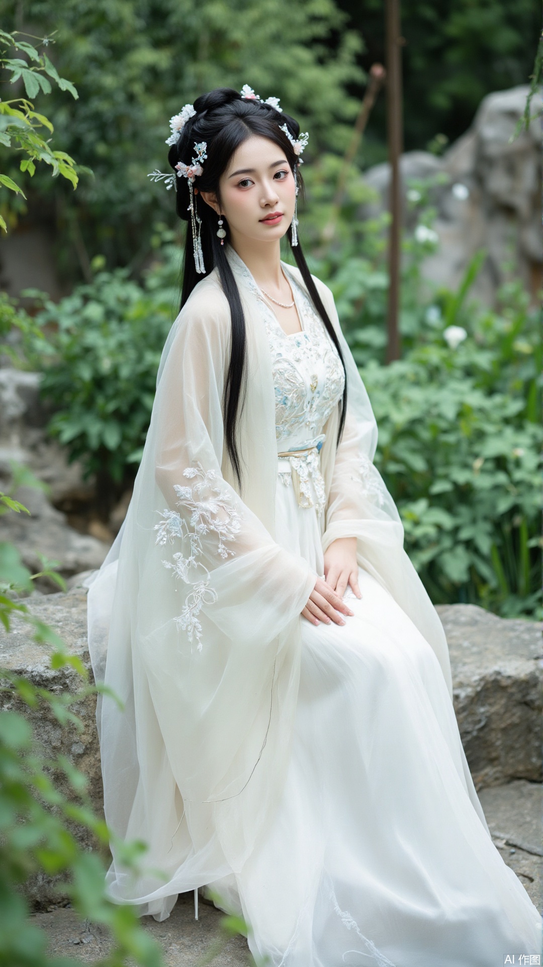 This painting is a portrait of a young woman wearing traditional Chinese costume. She sat on a stone bench in the garden with green plants and rocks in the background. The woman wore a flowing white long dress with intricate embroidery and matching headdress. She has long black hair, traditional Chinese hairstyle, and a flower crown on her head. This dress has a high collar and long sleeves.
