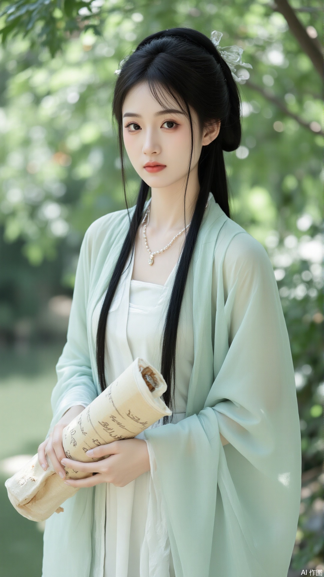 The image is a portrait of a young woman dressed in traditional Chinese clothing. She is standing in a garden with a tree in the background. The woman is wearing a green kimono with a white blouse underneath and has long black hair tied up in a bun. She has a serious expression on her face and is holding a scroll in her hands. The scroll appears to be old and worn, with some writing on it. The overall mood of the image is peaceful and serene.