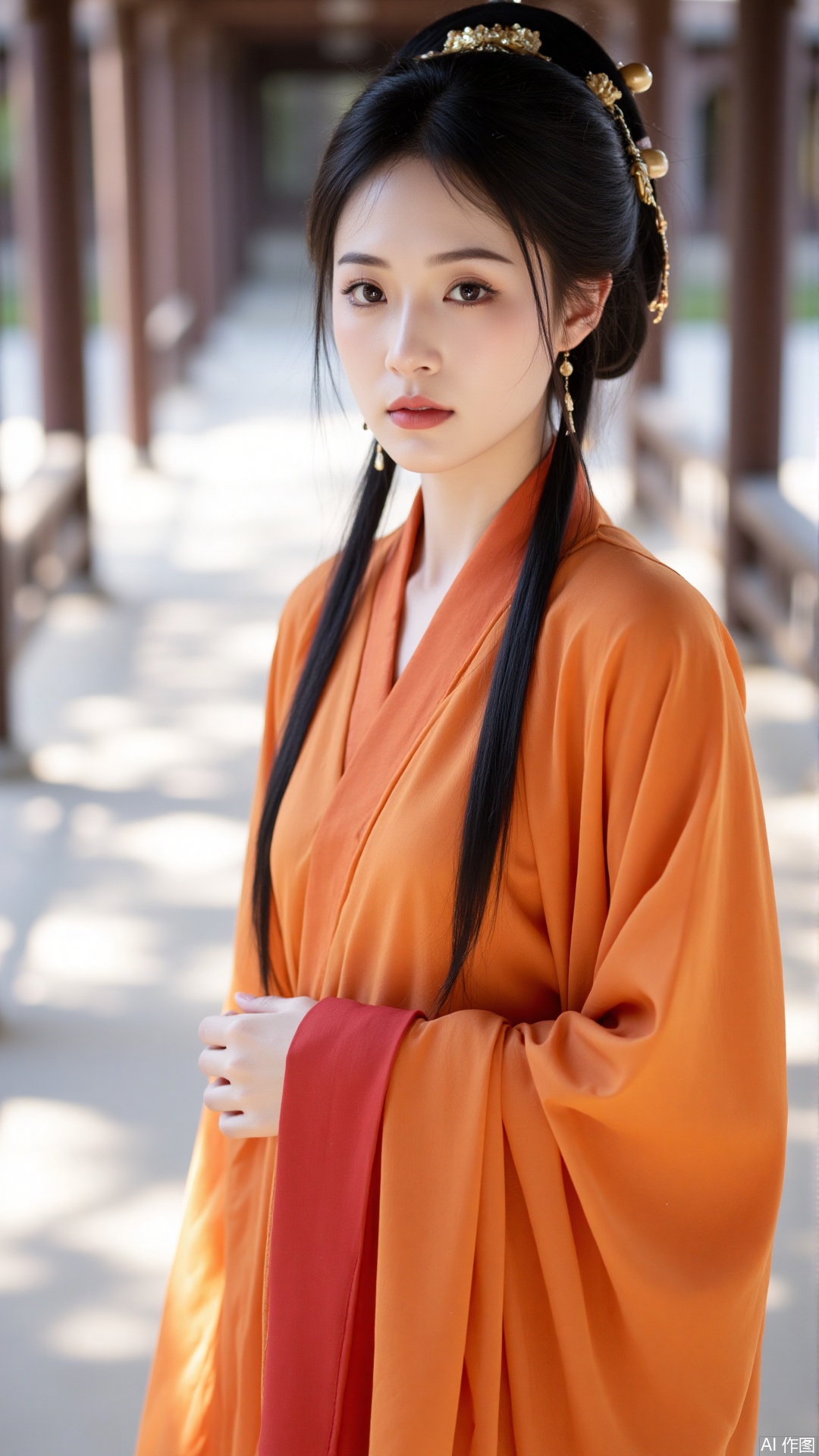 The image is a portrait of a young woman dressed in traditional Chinese clothing. She is wearing a long orange robe with a red shawl draped over her shoulders. Her hair is styled in long black hair with a gold headpiece on top. She has a serious expression on her face and is looking directly at the camera. The background is blurred, but it appears to be an outdoor setting with pillars and a pathway. The overall mood of the image is elegant and regal.
