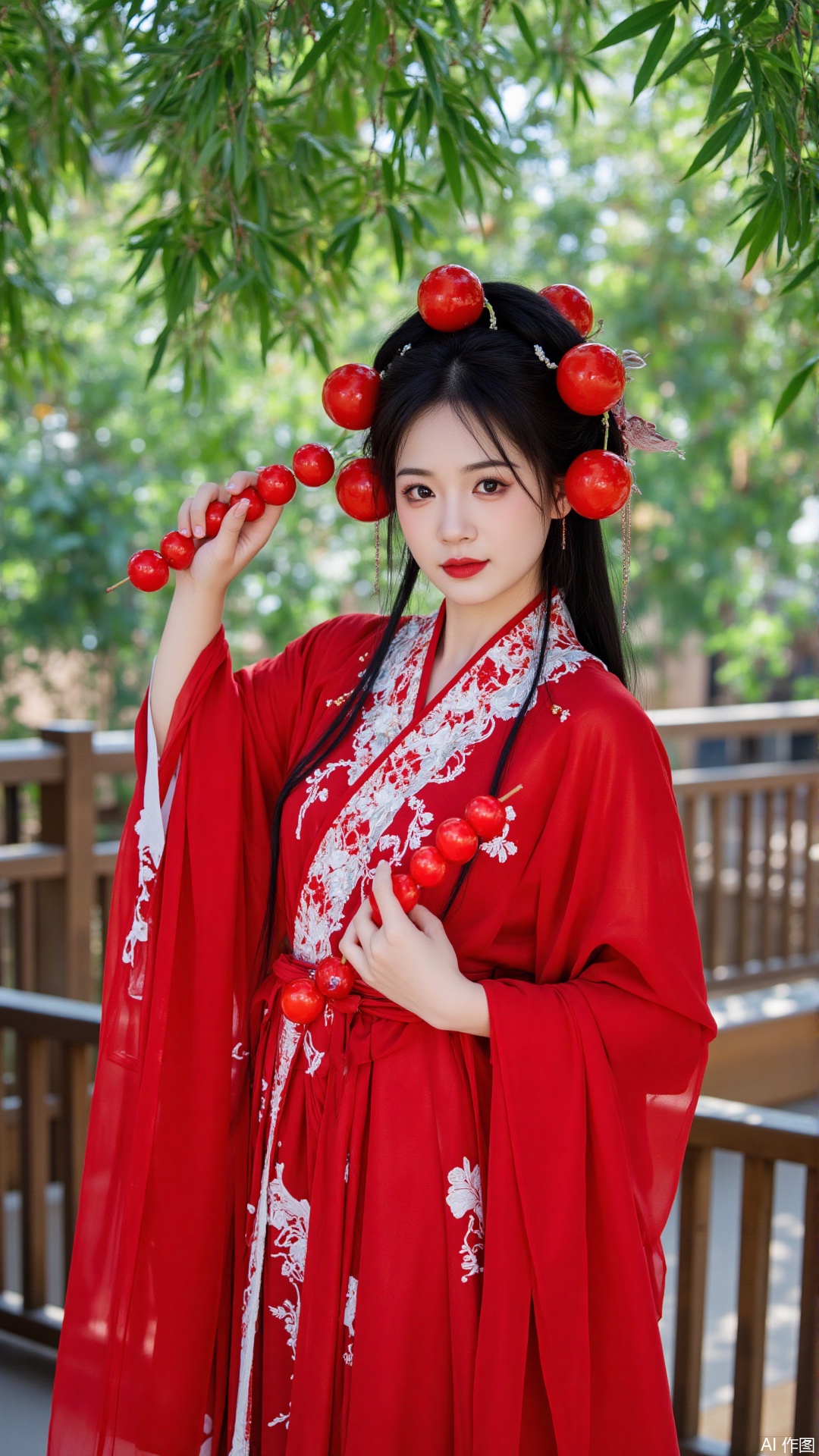 The image shows a young woman wearing a traditional Chinese dress. She is standing in front of a tree with green leaves and a wooden railing in the background. The woman is wearing a long red robe with white embroidery and has long black hair styled in a traditional updo with a red flower crown on top. She has a serious expression on her face and is holding a bunch of red cherries in her right hand. The cherries are arranged in a circular pattern on her head. The overall mood of the image is elegant and regal.