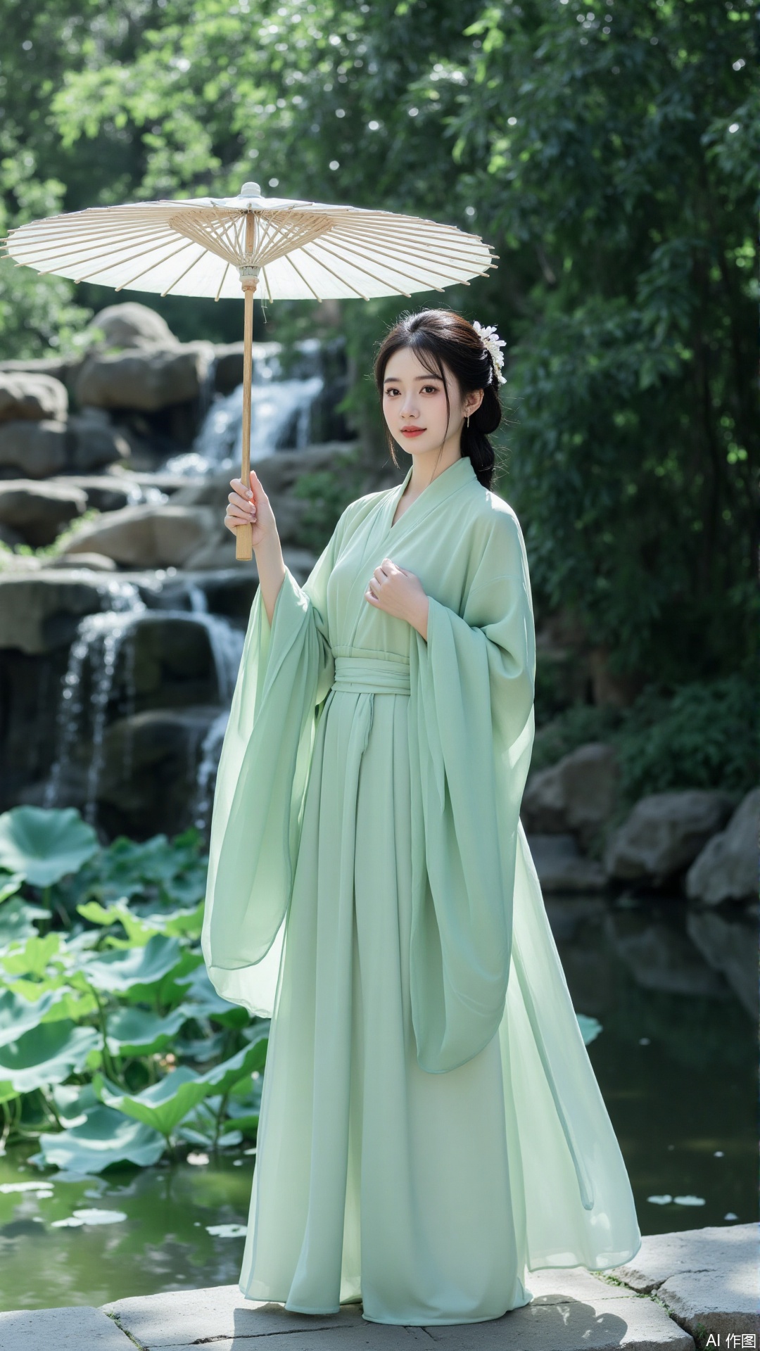 The image shows a young woman standing in front of a waterfall in a garden. She is wearing a long, flowing green dress with a high neckline and long sleeves. The dress is made of a light green fabric and has a flowy skirt that falls to her knees. The woman is holding a white parasol with a bamboo handle in her right hand. She has dark hair styled in a bun with a flower in her hair. The background is filled with greenery and trees, and there are lily pads floating on the water. The overall mood of the image is peaceful and serene.