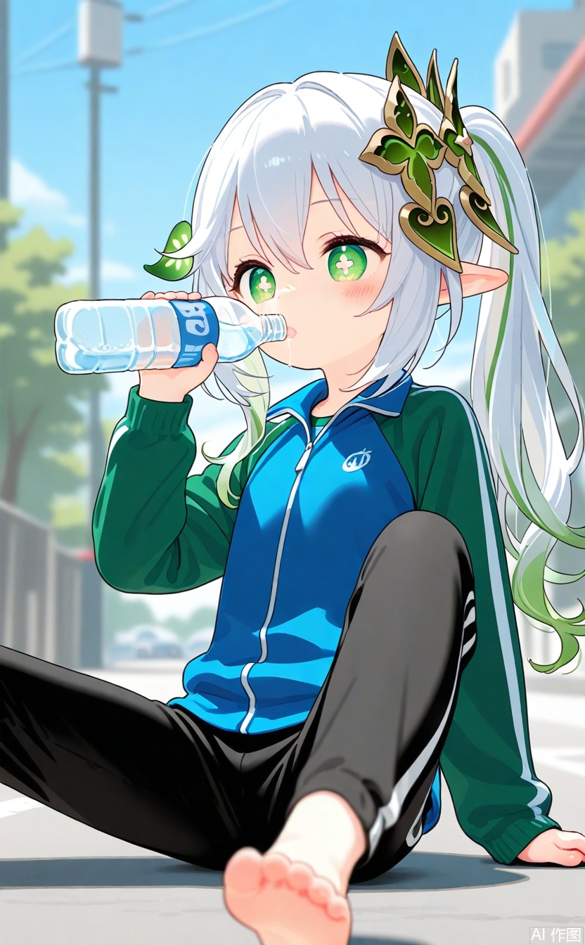 age_down,cxqbwhmasterpiece,best quality,high quality,loli,chromatic_aberration,1girl,solo,long hair,loli,loli,loli,(little_girl:1.2),petite:1.1,hair ornament, elf girls,pointy_ears, small breast,green eyes, symbol-shaped pupils, cross-shaped pupils, white hair, green hair, bangs, hair ornament, gradient hair, side tonytail, outdoors,long sleeves,long pants,Sportswear,holding bottle,drinking,sitting,street,cxnahida