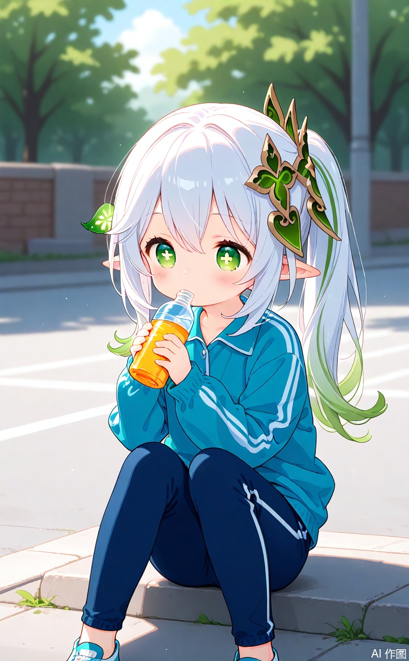 age_down,cxqbwhmasterpiece,best quality,high quality,loli,chromatic_aberration,1girl,solo,long hair,loli,loli,loli,(little_girl:1.2),petite:1.1,hair ornament, elf girls,pointy_ears, small breast,green eyes, symbol-shaped pupils, cross-shaped pupils, white hair, green hair, bangs, hair ornament, gradient hair, side tonytail, outdoors,long sleeves,long pants,Sportswear,holding bottle,drinking,sitting,street,cxnahida