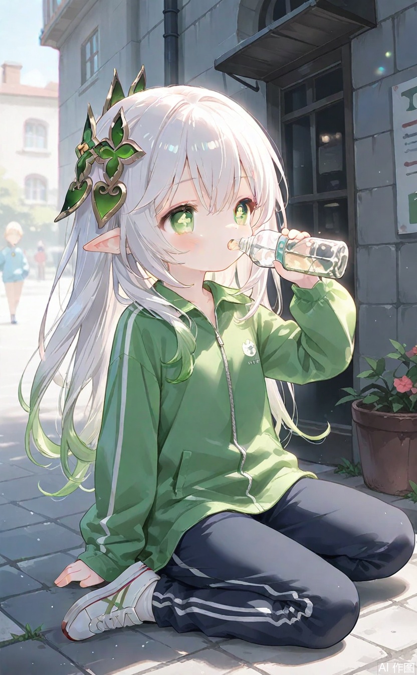 age_down,cxqbwhmasterpiece,best quality,high quality,loli,chromatic_aberration,1girl,solo,long hair,loli,loli,loli,(little_girl:1.2),petite:1.1,hair ornament, elf girls,pointy_ears, small breast,green eyes, symbol-shaped pupils, cross-shaped pupils, white hair, green hair, bangs, hair ornament, gradient hair, side tonytail, outdoors,long sleeves,long pants,Sportswear,holding bottle,drinking,sitting,street,cxnahida