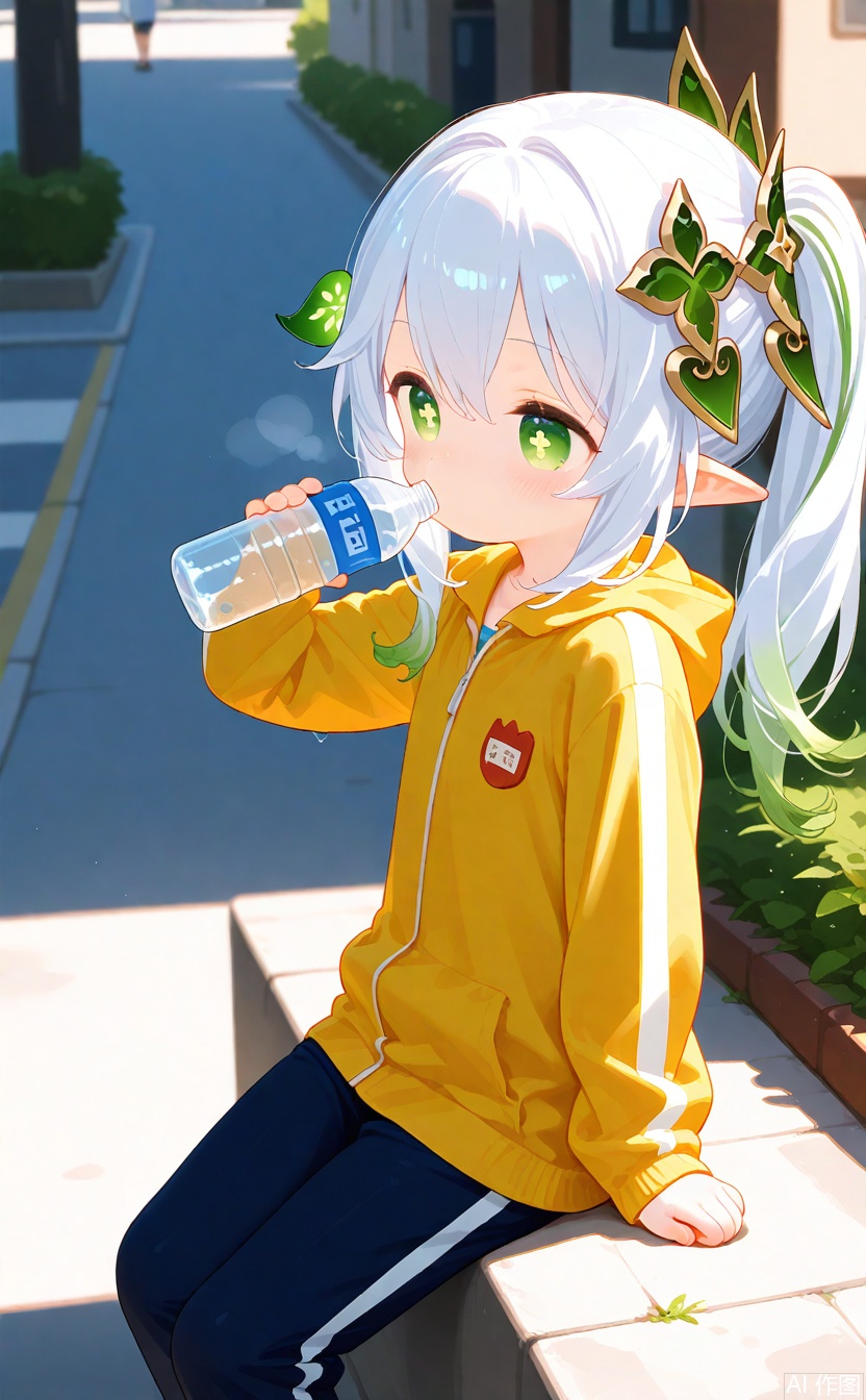 age_down,cxqbwhmasterpiece,best quality,high quality,loli,chromatic_aberration,1girl,solo,long hair,loli,loli,loli,(little_girl:1.2),petite:1.1,hair ornament, elf girls,pointy_ears, small breast,green eyes, symbol-shaped pupils, cross-shaped pupils, white hair, green hair, bangs, hair ornament, gradient hair, side tonytail, outdoors,long sleeves,long pants,Sportswear,holding bottle,drinking,sitting,street,cxnahida