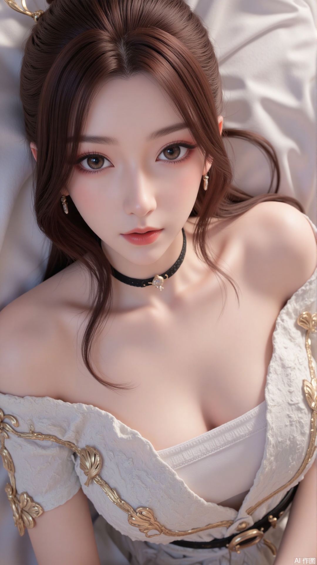 1girl, solo, jewelry, earrings, breasts, necklace, dress, realistic, bare shoulders, looking at viewer, lying, perfect body, scenery, sharp focus, best quality, masterpiece, detailed outfit, illustration, perfect eyes, finely detailed beautiful anime eyes, realistic skin, intricate details, best lighting, depth of field, ultra high resolution, bed, from above